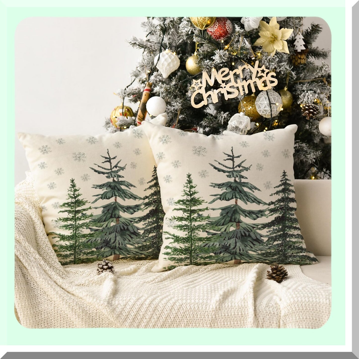 Winter Wonderland Tree Pillow Covers - Set of 2 Snowflake Cushion Cases for Sofa, 18x18 Inch Holiday Decoration, Couch Accessories