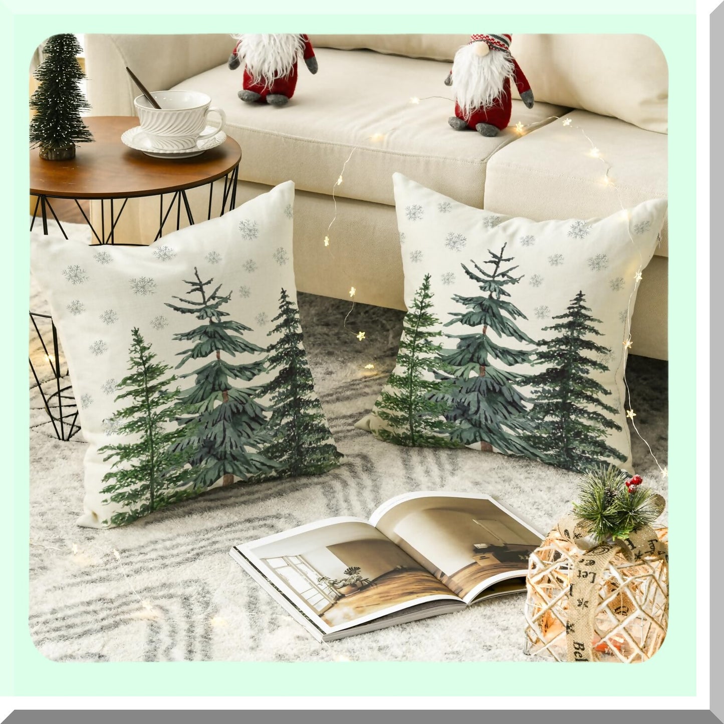 Winter Wonderland Tree Pillow Covers - Set of 2 Snowflake Cushion Cases for Sofa, 18x18 Inch Holiday Decoration, Couch Accessories