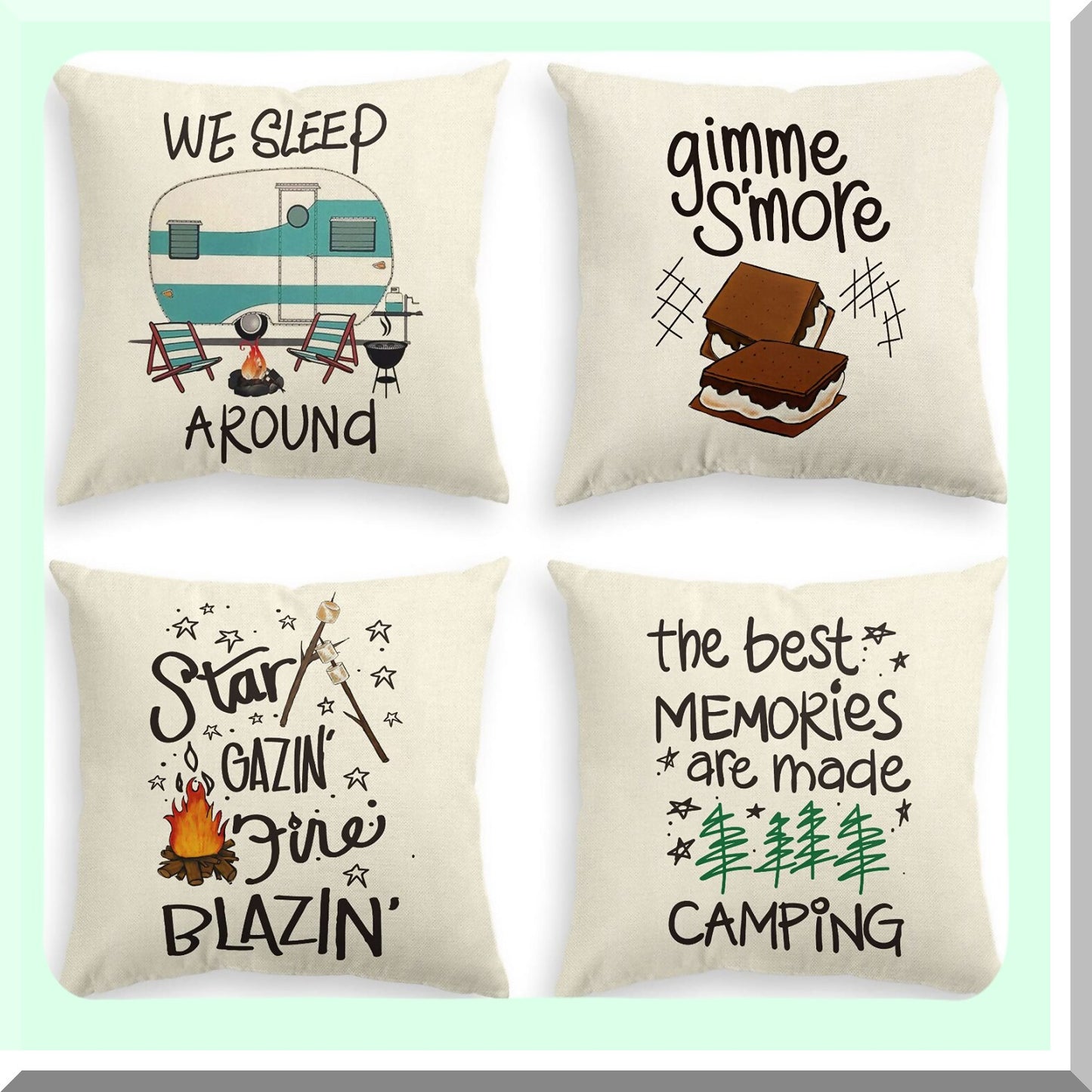 Campfire S'More Tree Pillow Covers - Set of 4, 18x18 Inch Cushion Case for Sofa Couch, Camper Trailer Decor - Gimme S'More Collection