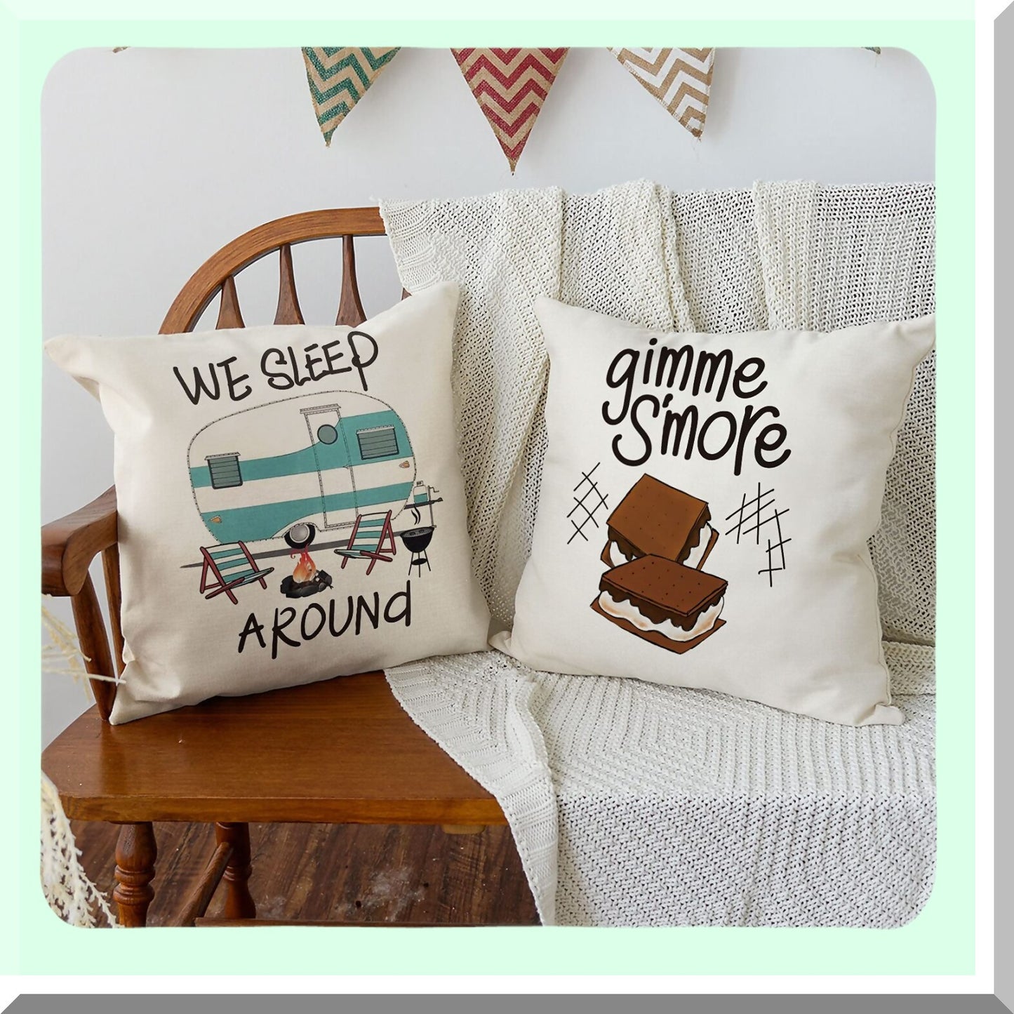 Campfire S'More Tree Pillow Covers - Set of 4, 18x18 Inch Cushion Case for Sofa Couch, Camper Trailer Decor - Gimme S'More Collection