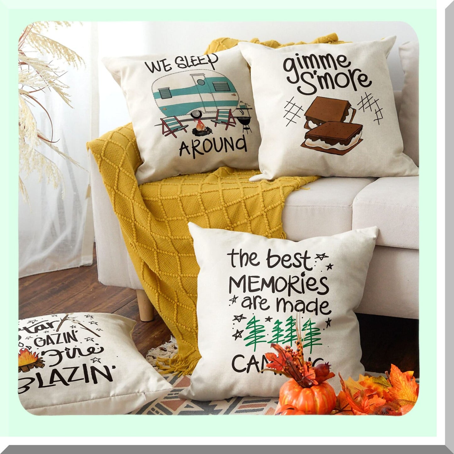 Campfire S'More Tree Pillow Covers - Set of 4, 18x18 Inch Cushion Case for Sofa Couch, Camper Trailer Decor - Gimme S'More Collection