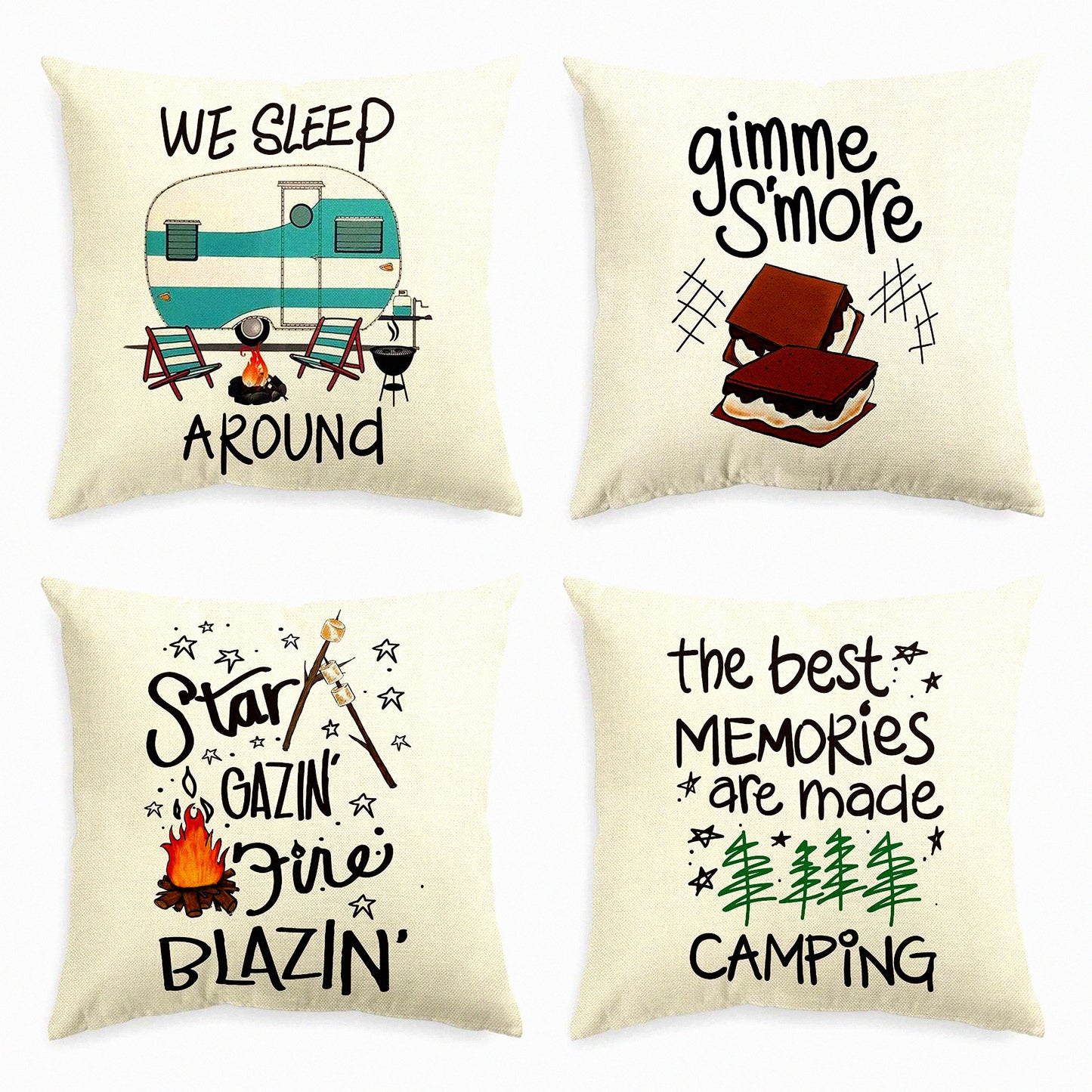 Campfire S'More Tree Pillow Covers - Set of 4, 18x18 Inch Cushion Case for Sofa Couch, Camper Trailer Decor - Gimme S'More Collection