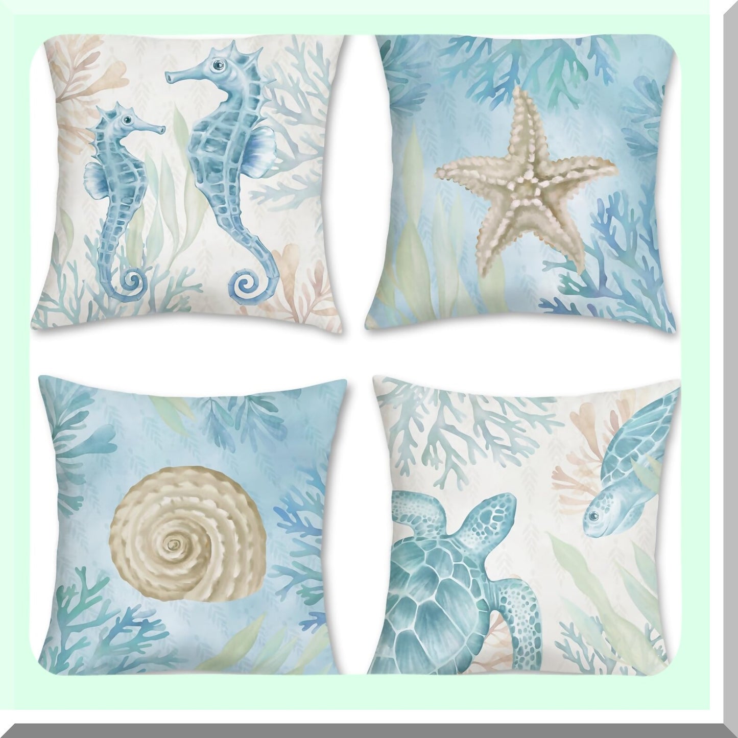 Coastal Velvet Ocean Life Pillow Covers - Set of 4, 18x18 Inch Seahorse Turtle Starfish Decorative Cushion Cases for Couch, Sofa, Bed - Soft Outdoor Home Decor