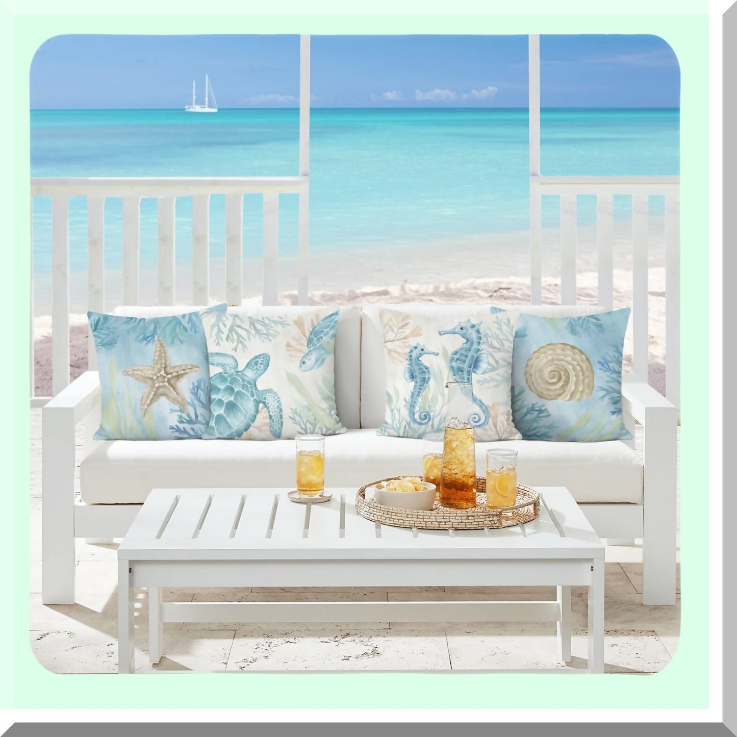 Coastal Velvet Ocean Life Pillow Covers - Set of 4, 18x18 Inch Seahorse Turtle Starfish Decorative Cushion Cases for Couch, Sofa, Bed - Soft Outdoor Home Decor