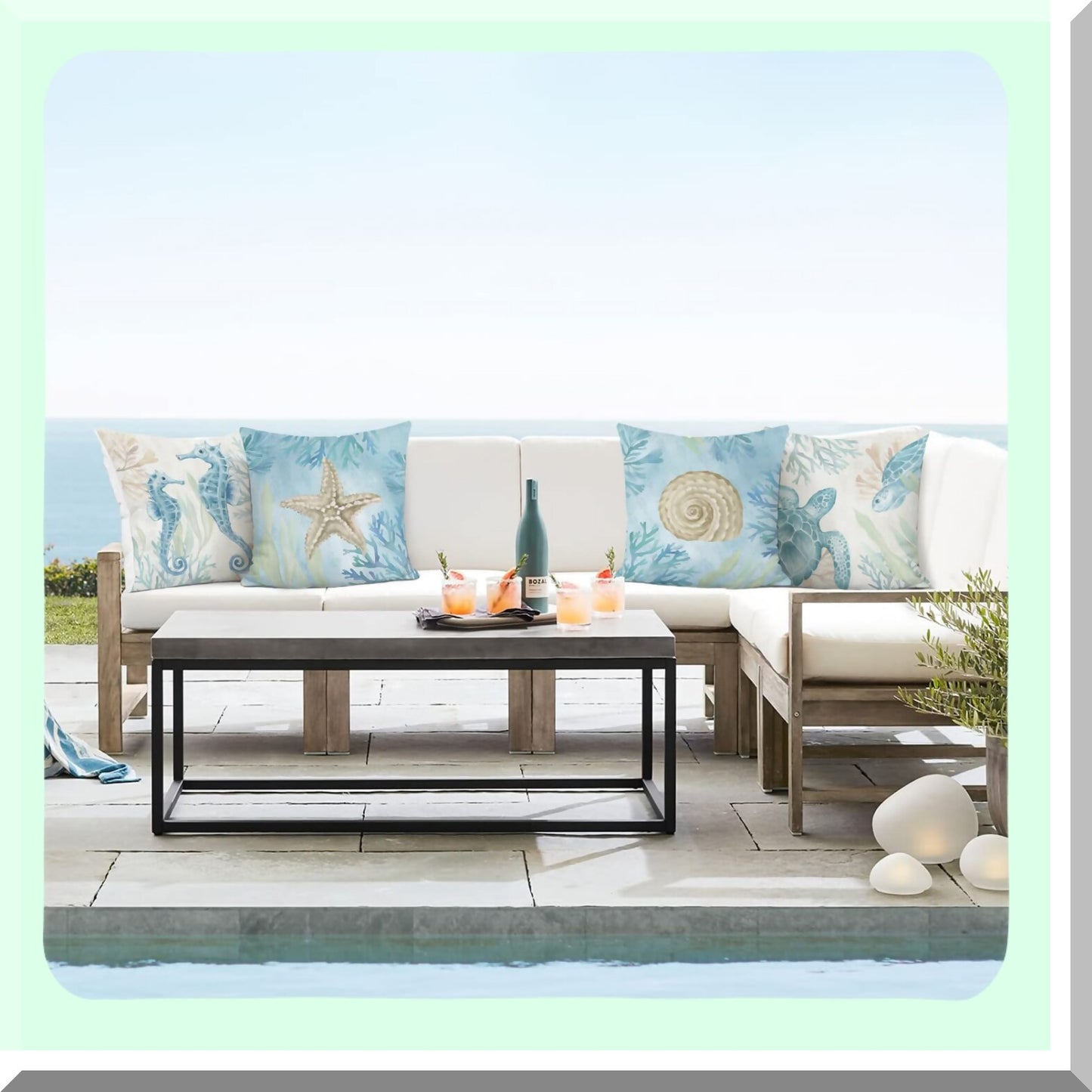 Coastal Velvet Ocean Life Pillow Covers - Set of 4, 18x18 Inch Seahorse Turtle Starfish Decorative Cushion Cases for Couch, Sofa, Bed - Soft Outdoor Home Decor