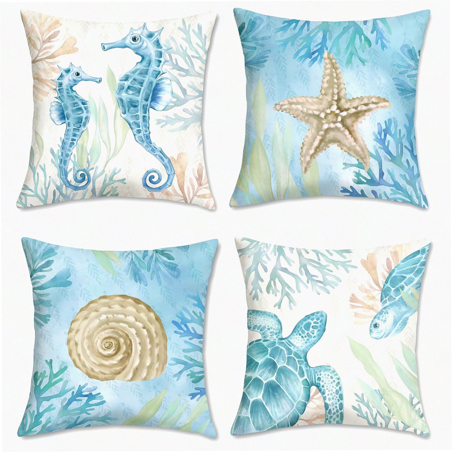 Coastal Velvet Ocean Life Pillow Covers - Set of 4, 18x18 Inch Seahorse Turtle Starfish Decorative Cushion Cases for Couch, Sofa, Bed - Soft Outdoor Home Decor