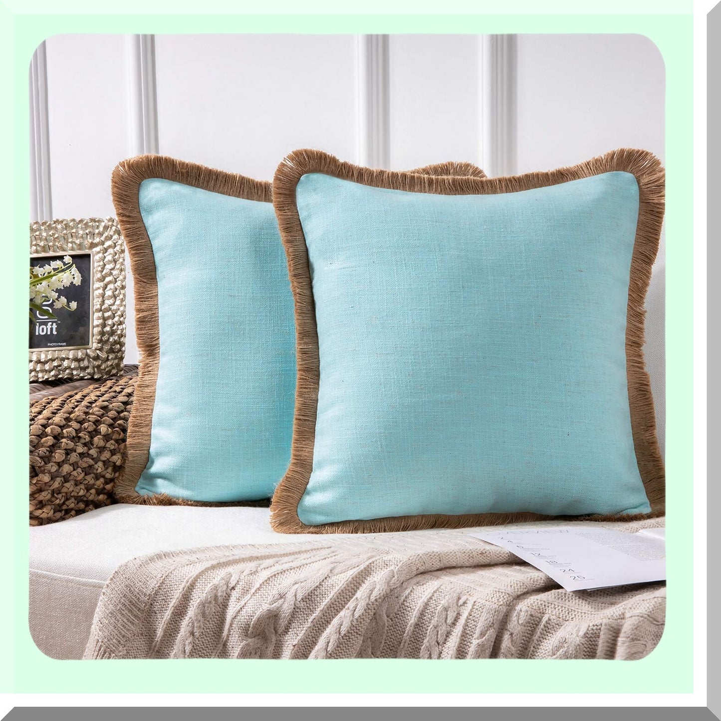 Rustic Linen Trimmed Throw Pillow Covers - Set of 2 Farmhouse Decorative Cushion Cases for Fall Outdoor Decor, Light Blue 18x18 inches