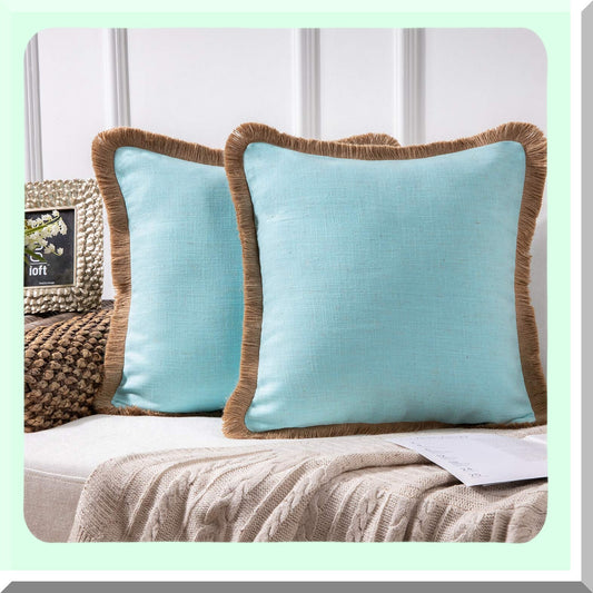 Rustic Linen Trimmed Throw Pillow Covers - Set of 2 Farmhouse Decorative Cushion Cases for Fall Outdoor Decor, Light Blue 18x18 inches
