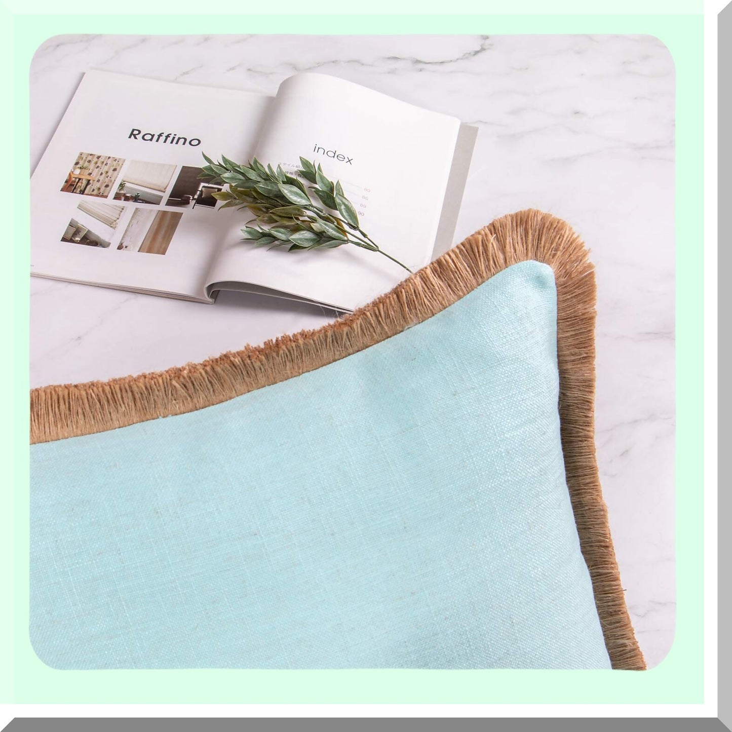 Rustic Linen Trimmed Throw Pillow Covers - Set of 2 Farmhouse Decorative Cushion Cases for Fall Outdoor Decor, Light Blue 18x18 inches