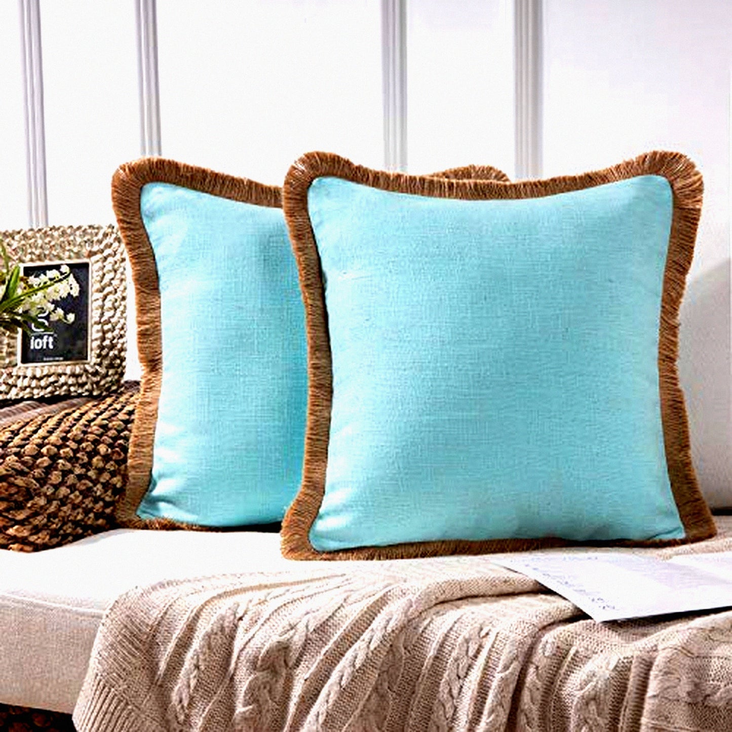 Rustic Linen Trimmed Throw Pillow Covers - Set of 2 Farmhouse Decorative Cushion Cases for Fall Outdoor Decor, Light Blue 18x18 inches