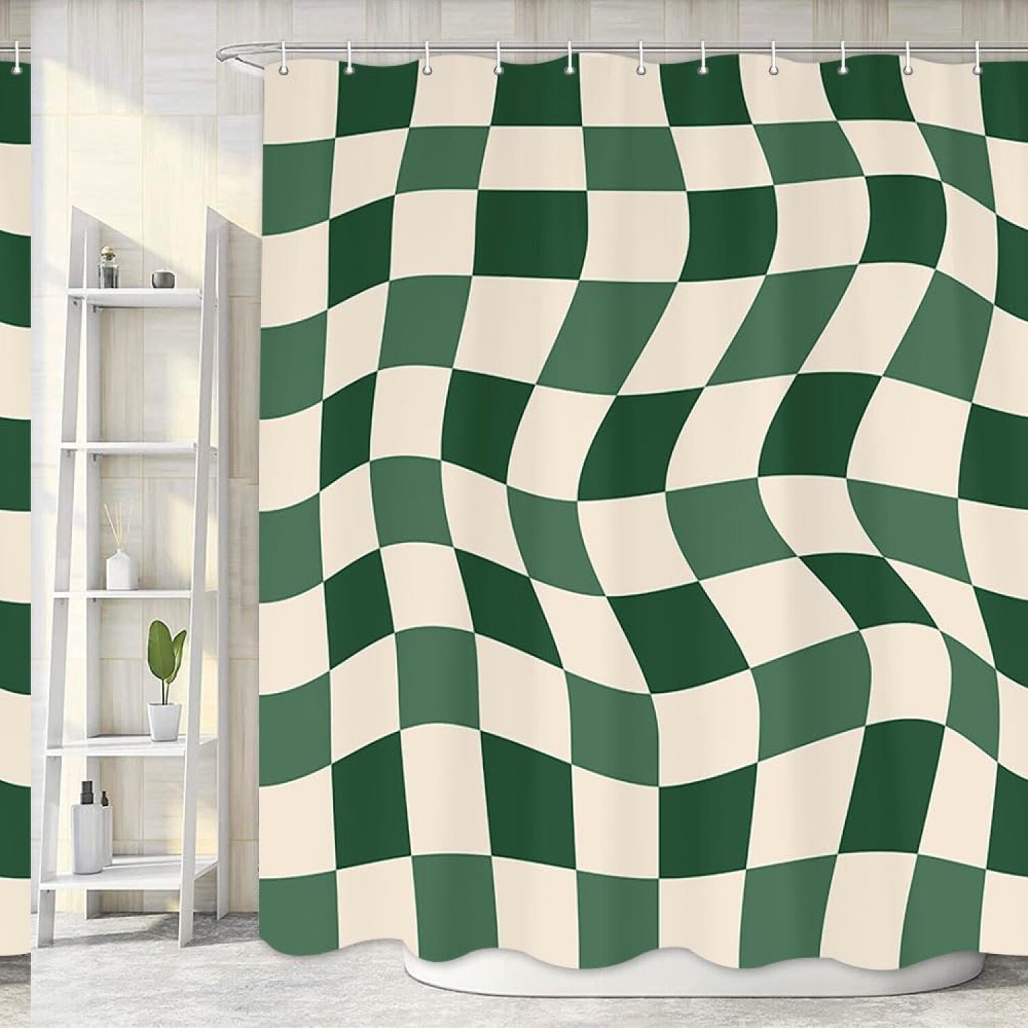 Aesthetic 70S Sage Green Checkerboard Shower Curtain