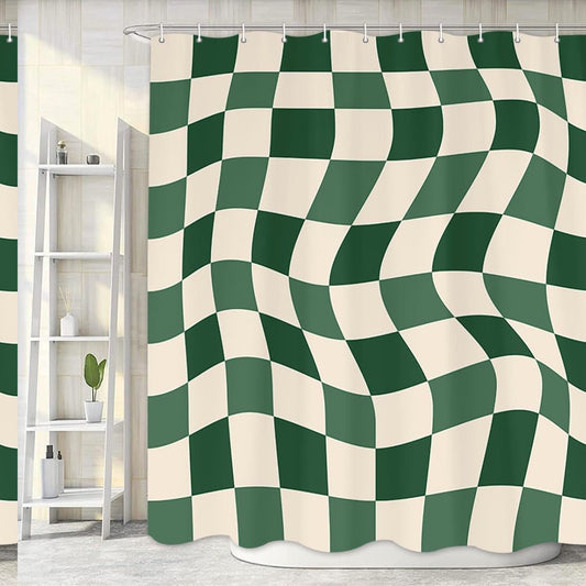 Aesthetic 70S Sage Green Checkerboard Shower Curtain