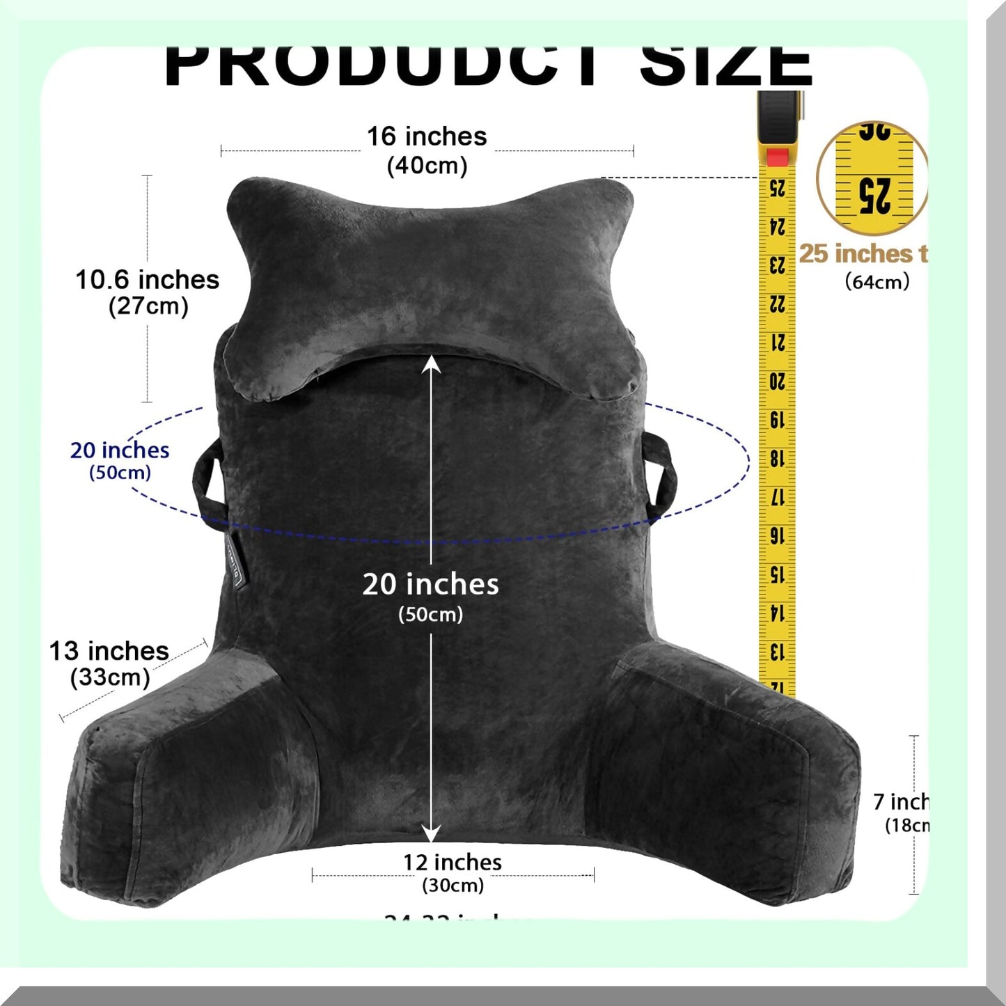 ComfortMax Reading Support Pillow - Detachable Neck Roll, Higher Arm Support - Backrest Pillow for Adults - Ideal for Reading, Watching TV, Gaming - Black