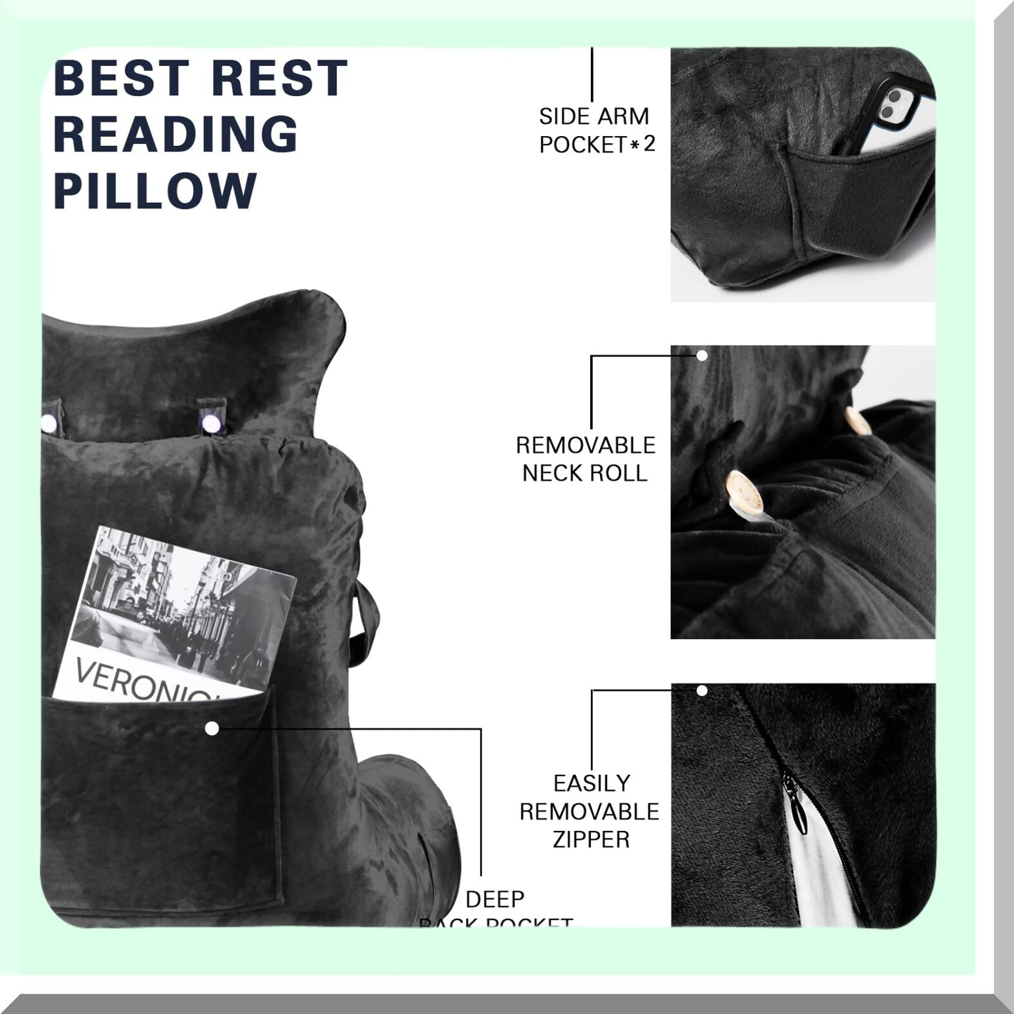 ComfortMax Reading Support Pillow - Detachable Neck Roll, Higher Arm Support - Backrest Pillow for Adults - Ideal for Reading, Watching TV, Gaming - Black