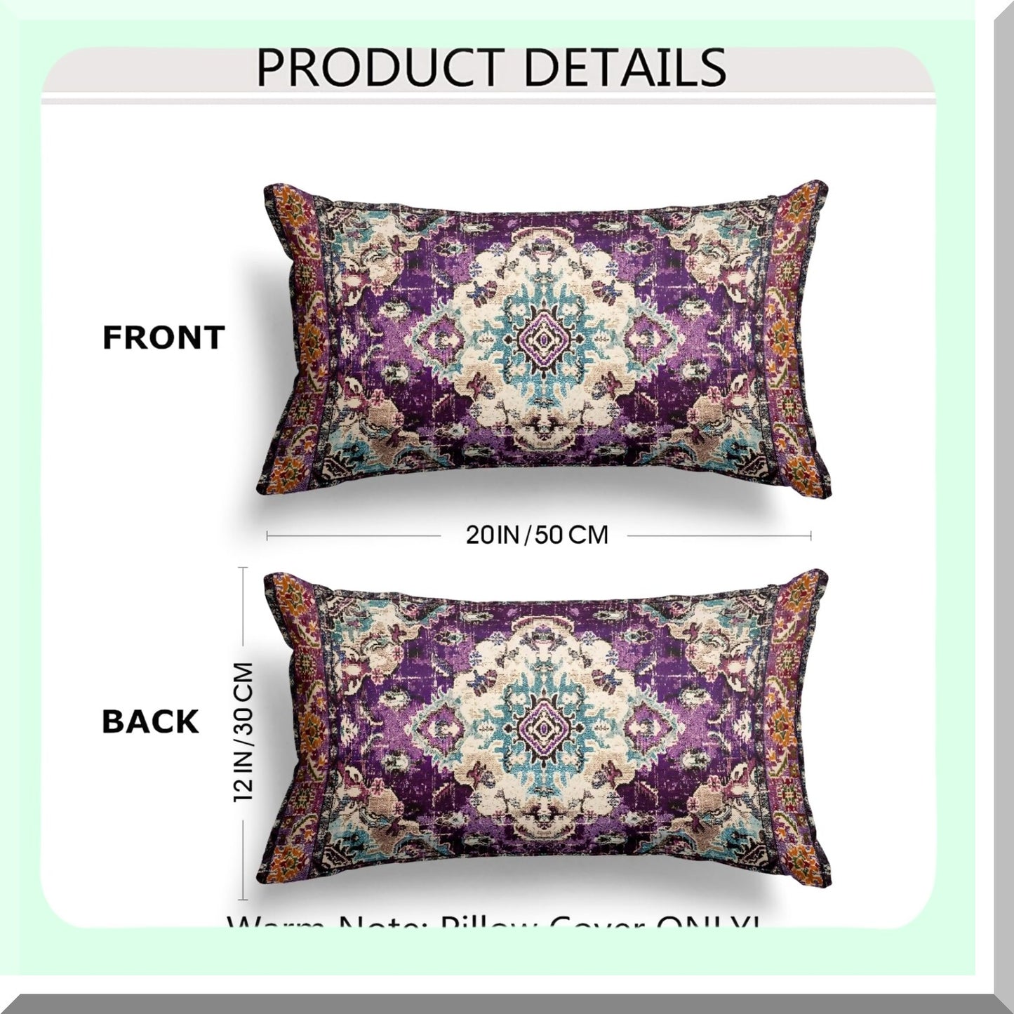 Boho Persian Cotton Pillow Covers - Set of 2 Monaco Rug Cushion Cases - Double Sided Pattern Sofa Bed Decor - Soft Purple Throw Pillowcase 12x20"