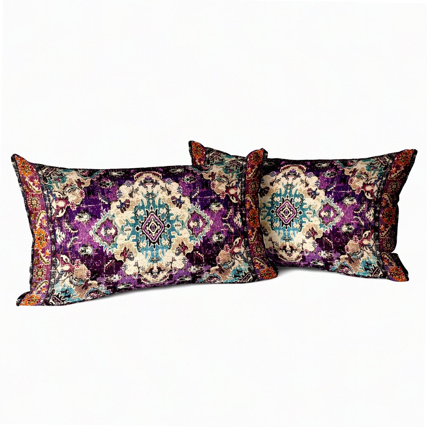 Boho Persian Cotton Pillow Covers - Set of 2 Monaco Rug Cushion Cases - Double Sided Pattern Sofa Bed Decor - Soft Purple Throw Pillowcase 12x20"