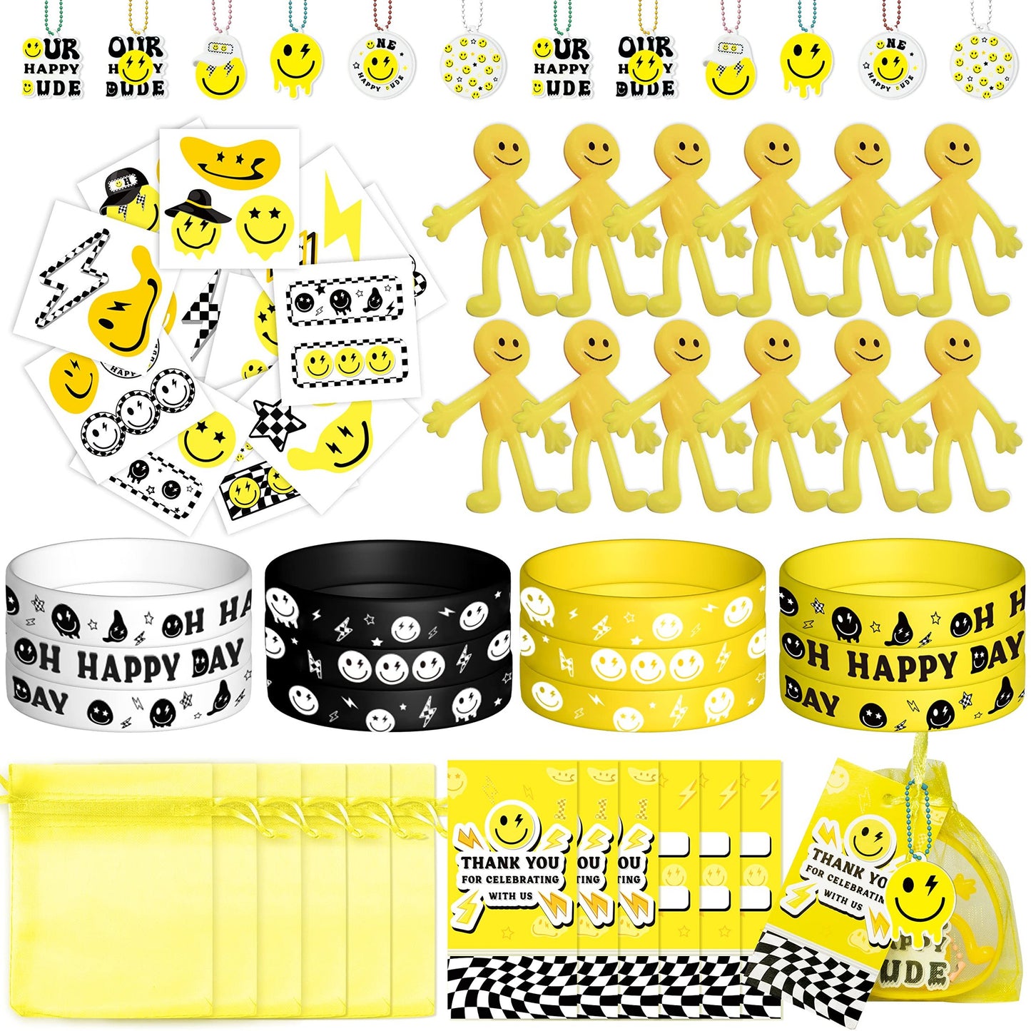 Happy Smiles Party Pack: 72-Piece Birthday Favor Set with Bracelet, Tattoos, Keychain, Thank You Card, and School Supplies. Perfect for Kids!