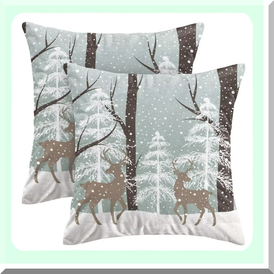 Snowy Deer Winter Pillow Set - 16x16 Inch Farmhouse Snow Tree Throw Pillows - Cotton Pillow Case for Couch Sofa Bedroom Living Room Indoor Outdoor - Set of 2