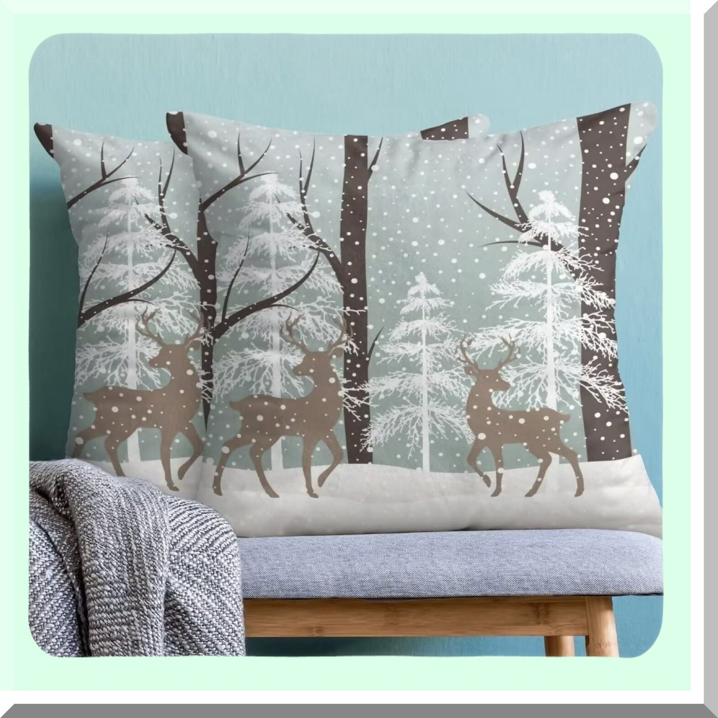 Snowy Deer Winter Pillow Set - 16x16 Inch Farmhouse Snow Tree Throw Pillows - Cotton Pillow Case for Couch Sofa Bedroom Living Room Indoor Outdoor - Set of 2