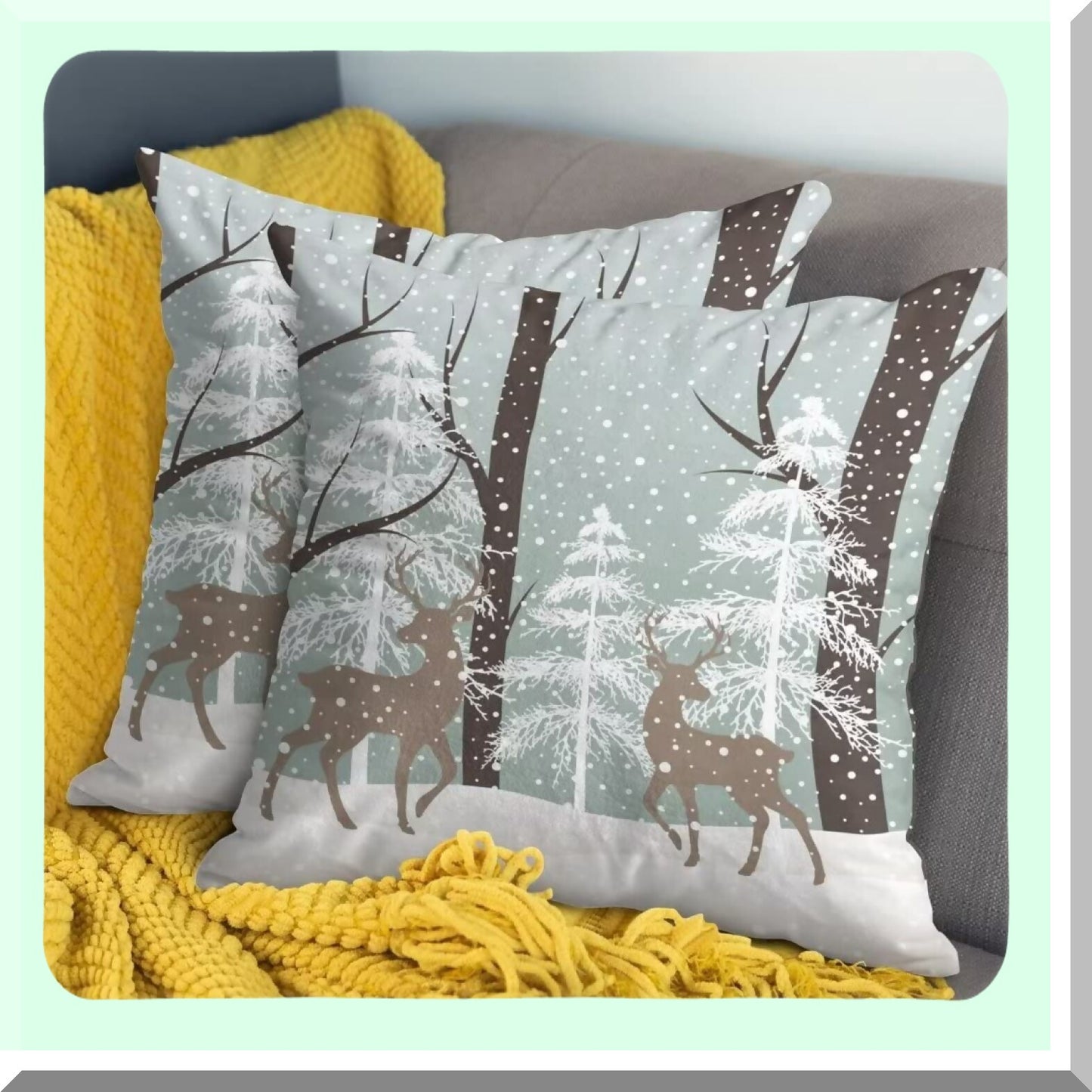 Snowy Deer Winter Pillow Set - 16x16 Inch Farmhouse Snow Tree Throw Pillows - Cotton Pillow Case for Couch Sofa Bedroom Living Room Indoor Outdoor - Set of 2