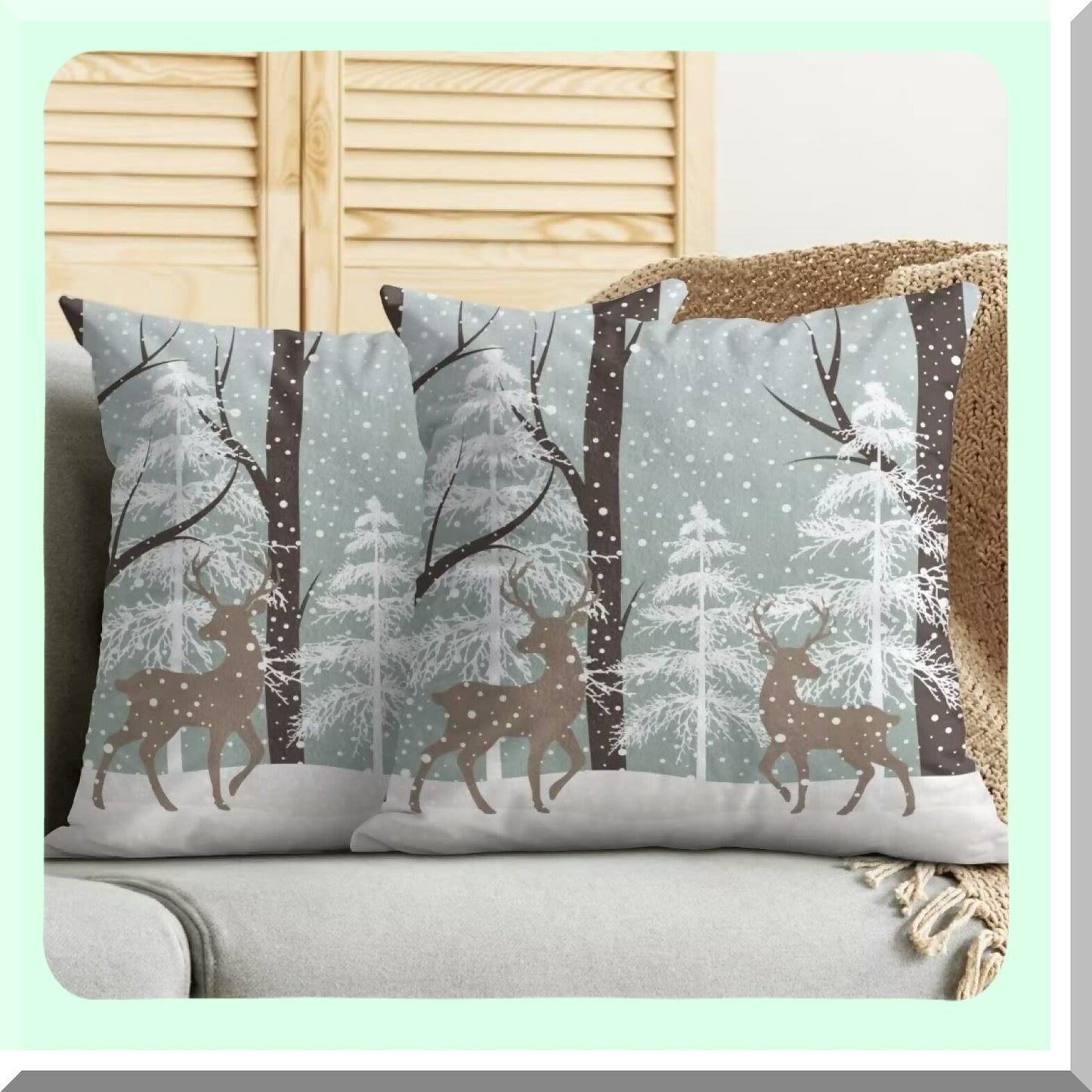 Snowy Deer Winter Pillow Set - 16x16 Inch Farmhouse Snow Tree Throw Pillows - Cotton Pillow Case for Couch Sofa Bedroom Living Room Indoor Outdoor - Set of 2