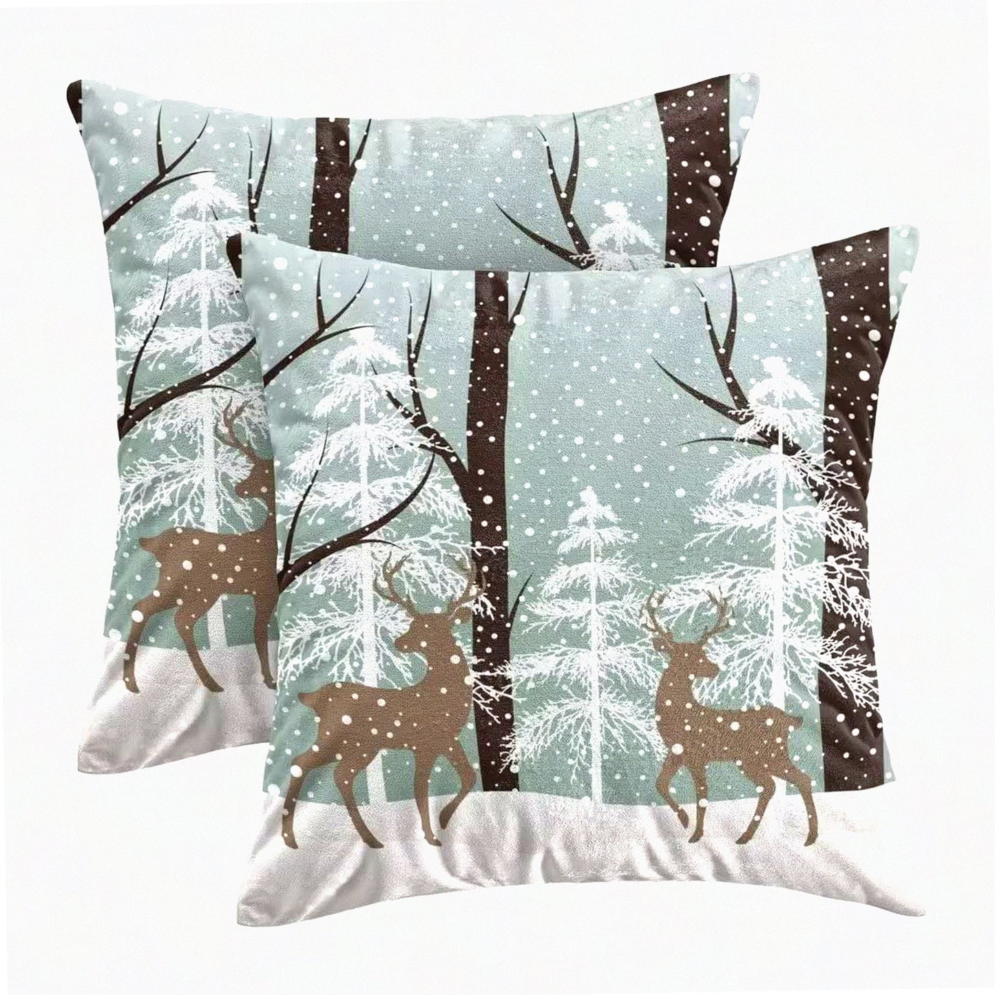 Snowy Deer Winter Pillow Set - 16x16 Inch Farmhouse Snow Tree Throw Pillows - Cotton Pillow Case for Couch Sofa Bedroom Living Room Indoor Outdoor - Set of 2