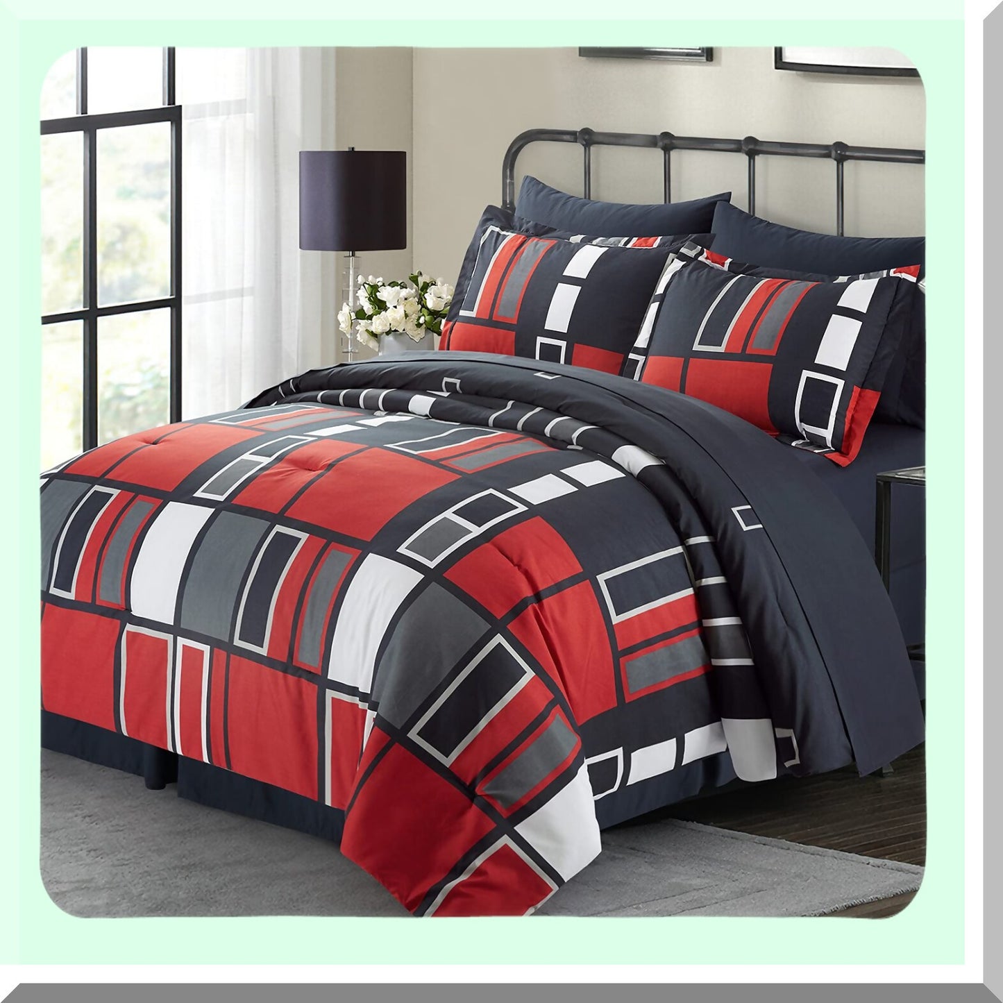 Plaid Fusion 6-Piece Twin Bedding Set - Black Gray Red Comforter Collection with Pillow Shams, Sheets, Bed Skirt, Pillowcases - Cozy Bedroom Decor
