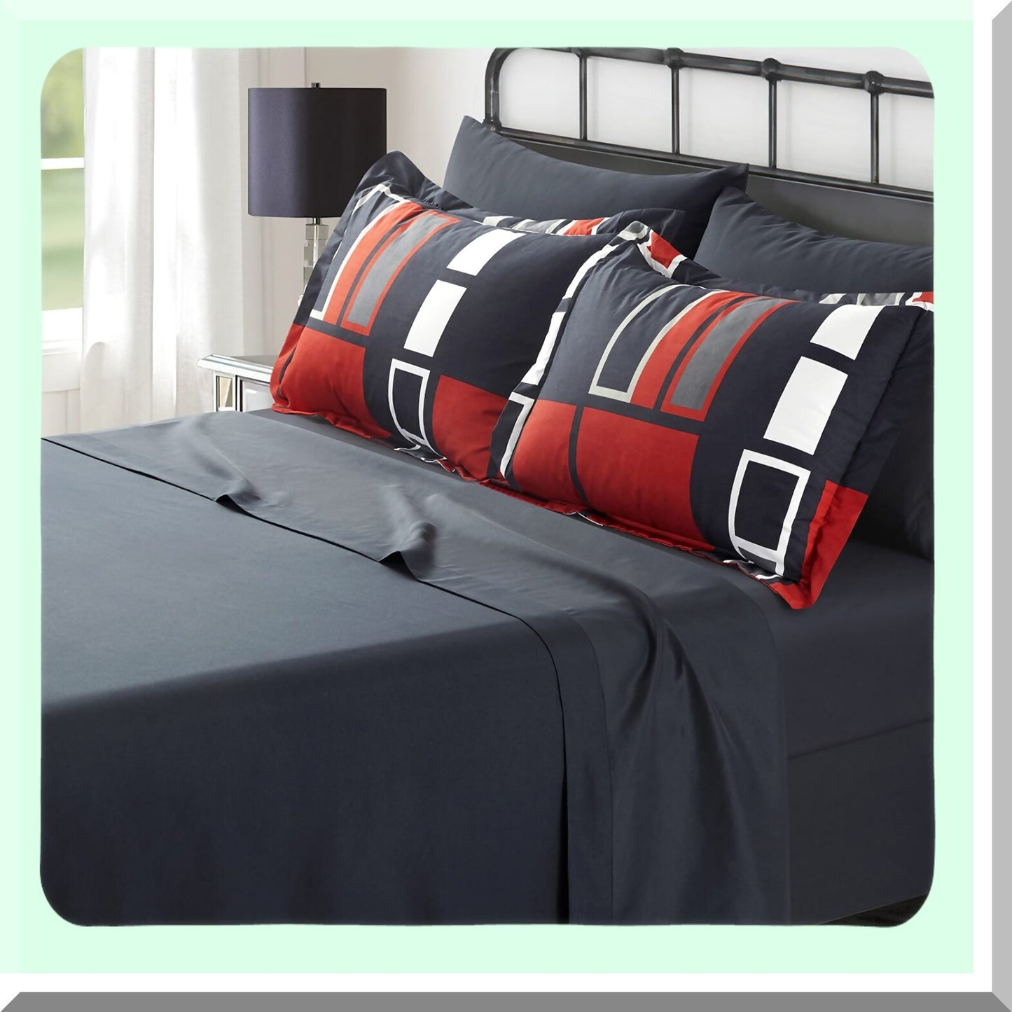 Plaid Fusion 6-Piece Twin Bedding Set - Black Gray Red Comforter Collection with Pillow Shams, Sheets, Bed Skirt, Pillowcases - Cozy Bedroom Decor