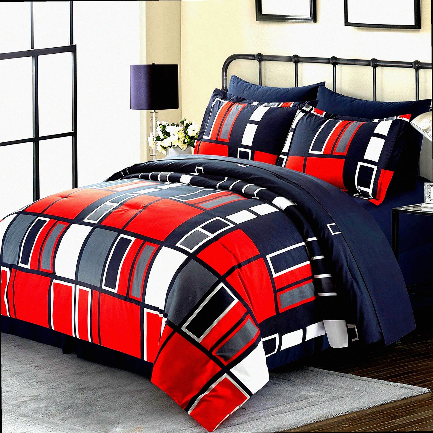 Plaid Fusion 6-Piece Twin Bedding Set - Black Gray Red Comforter Collection with Pillow Shams, Sheets, Bed Skirt, Pillowcases - Cozy Bedroom Decor