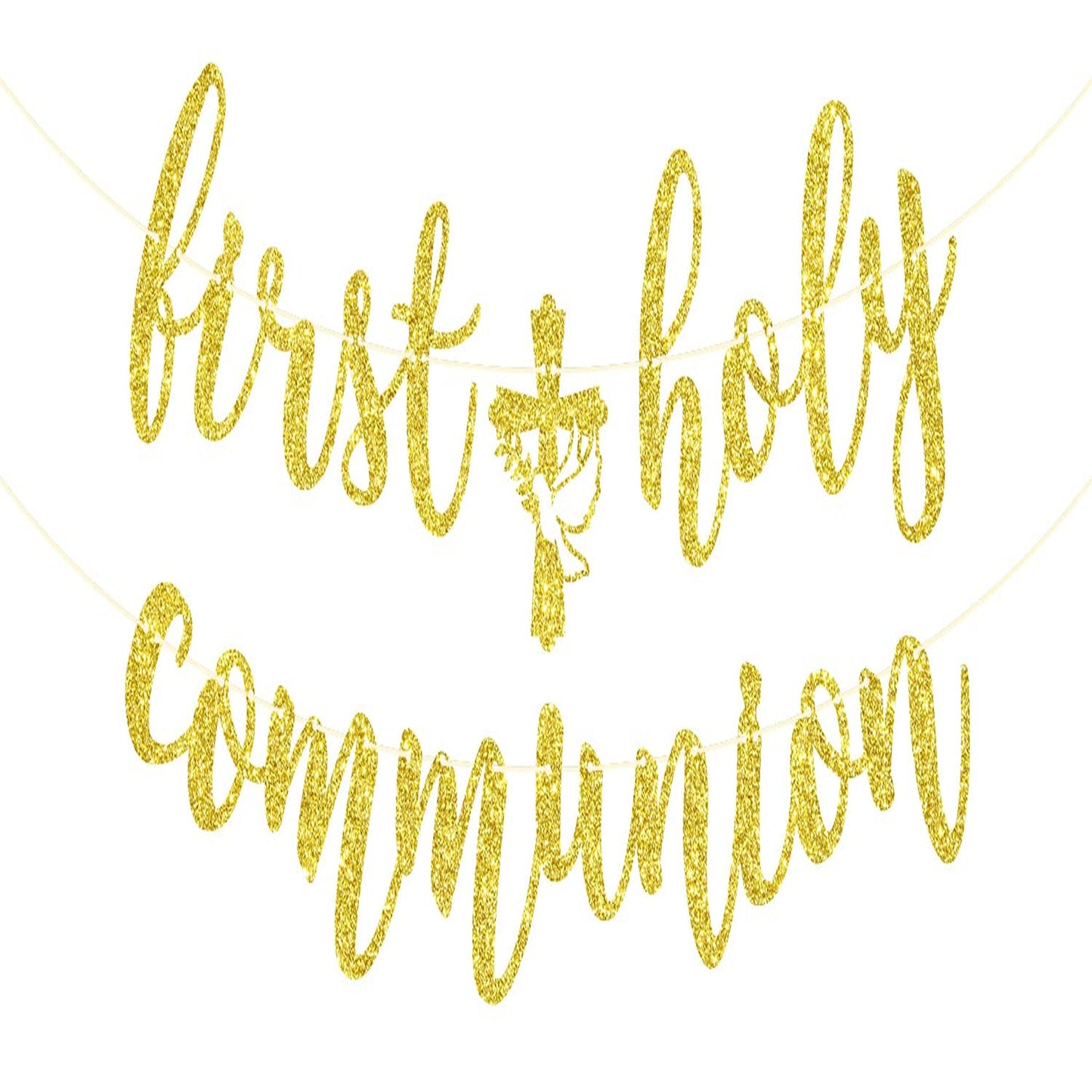 Golden Blessings Communion Banner - Religious Celebration Decorations for Kids Birthday, Baptism, Christening Party with Gold Glitter Accents