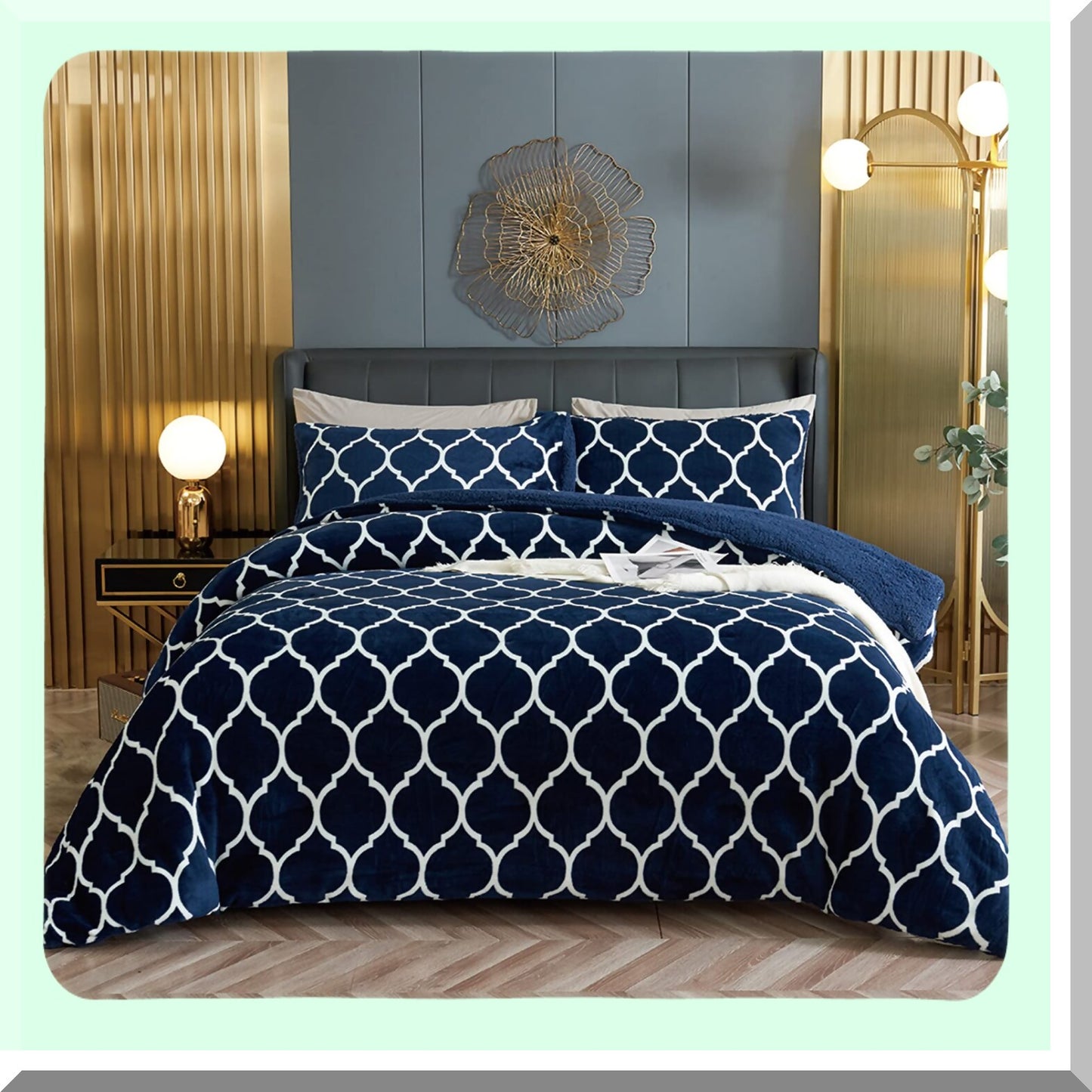 Sherpa Fleece Navy Blue Comforter Set - Ultra Soft Reversible Down Alternative Bedding with 2 Pillow Shams - King Size 104 x 88 Inches