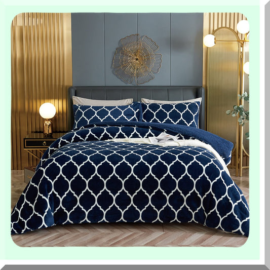 Sherpa Fleece Navy Blue Comforter Set - Ultra Soft Reversible Down Alternative Bedding with 2 Pillow Shams - King Size 104 x 88 Inches