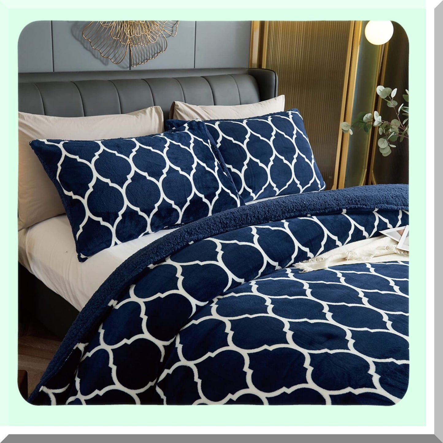 Sherpa Fleece Navy Blue Comforter Set - Ultra Soft Reversible Down Alternative Bedding with 2 Pillow Shams - King Size 104 x 88 Inches