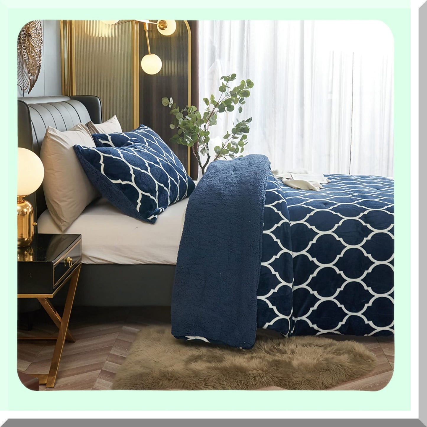 Sherpa Fleece Navy Blue Comforter Set - Ultra Soft Reversible Down Alternative Bedding with 2 Pillow Shams - King Size 104 x 88 Inches