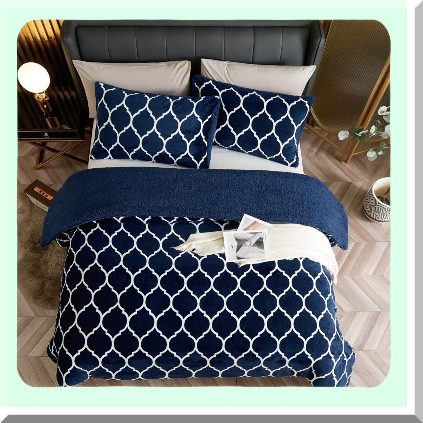 Sherpa Fleece Navy Blue Comforter Set - Ultra Soft Reversible Down Alternative Bedding with 2 Pillow Shams - King Size 104 x 88 Inches