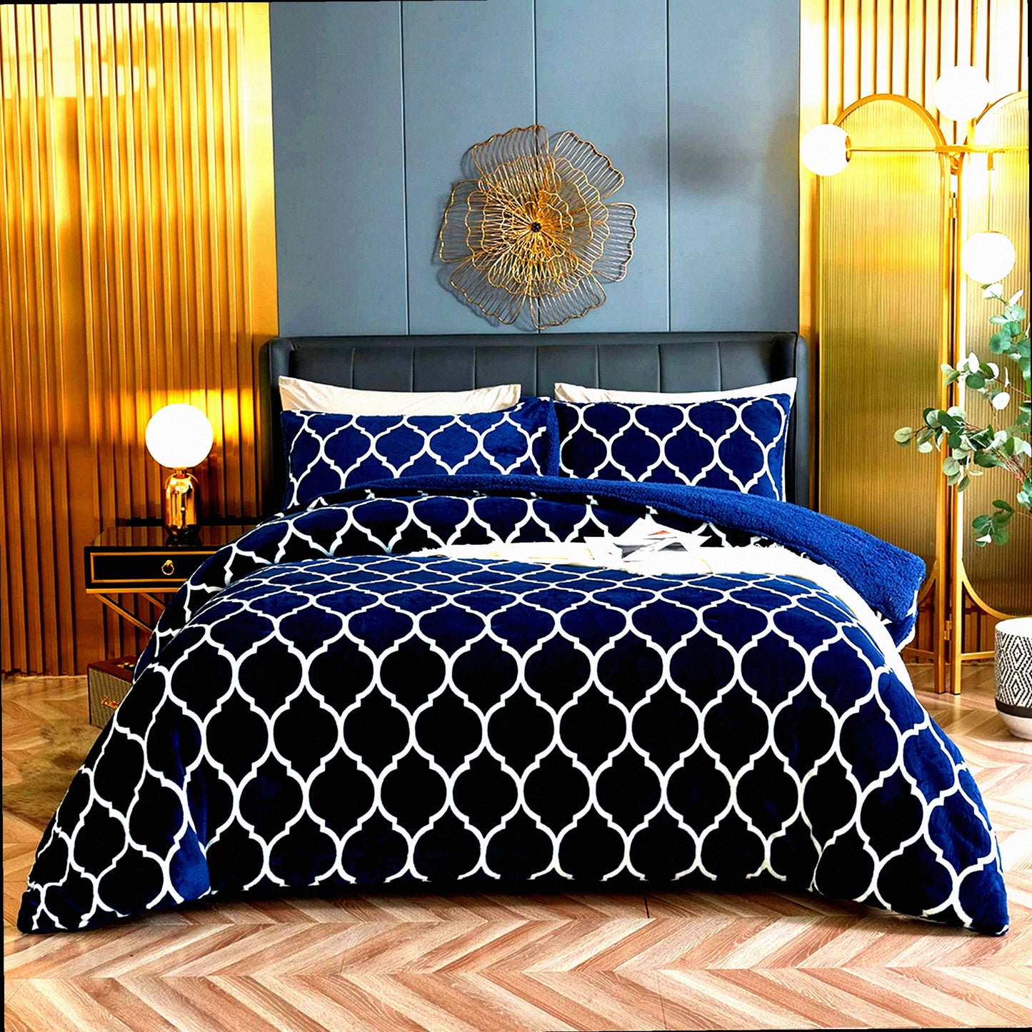 Sherpa Fleece Navy Blue Comforter Set - Ultra Soft Reversible Down Alternative Bedding with 2 Pillow Shams - King Size 104 x 88 Inches