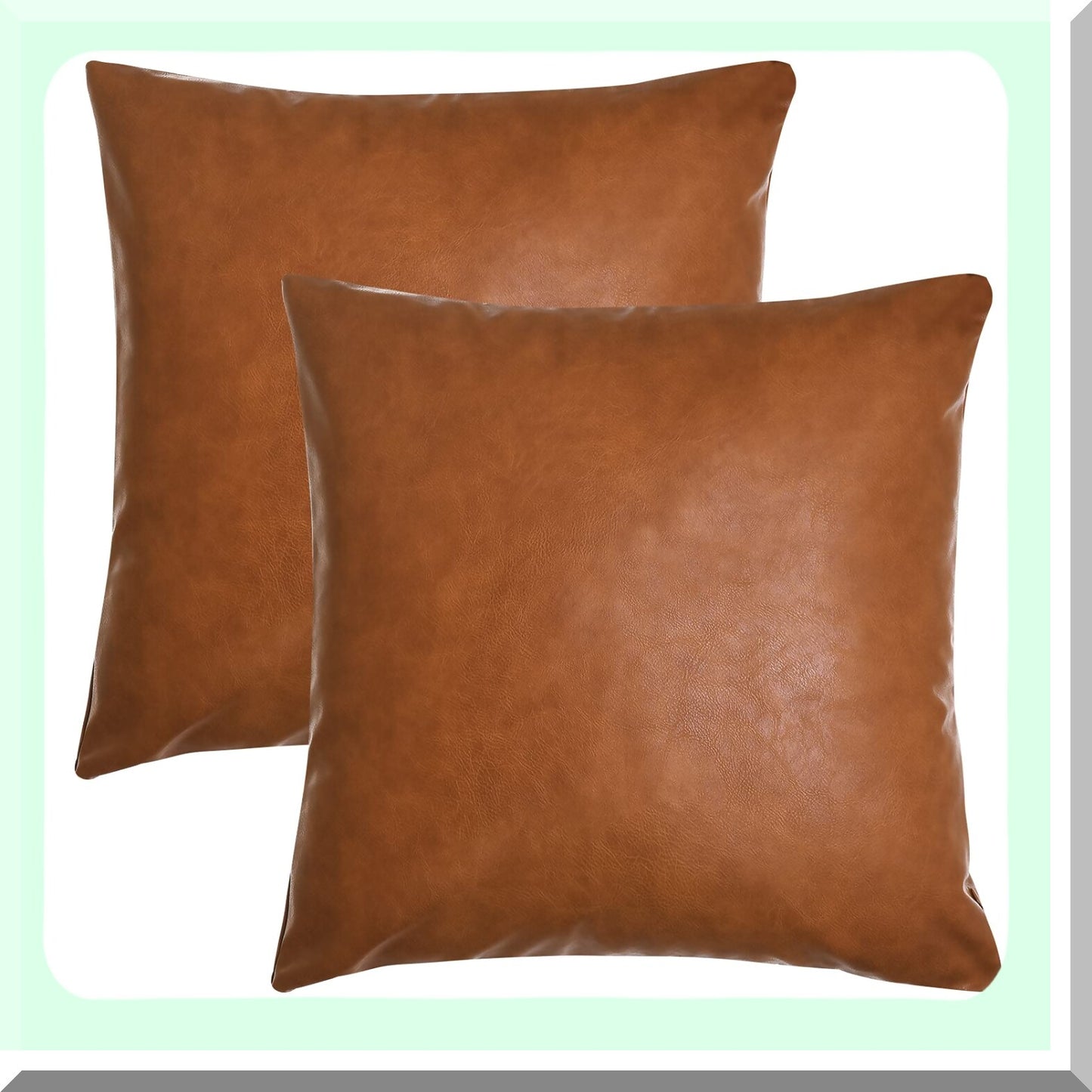 Luxury Cognac Brown Leather Pillowcase Set - Modern Square Cushion Covers for Bedroom & Living Room - 18x18 Inch Decorative Sofa Pillows - Set of 2