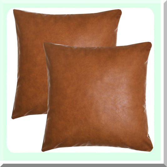 Luxury Cognac Brown Leather Pillowcase Set - Modern Square Cushion Covers for Bedroom & Living Room - 18x18 Inch Decorative Sofa Pillows - Set of 2