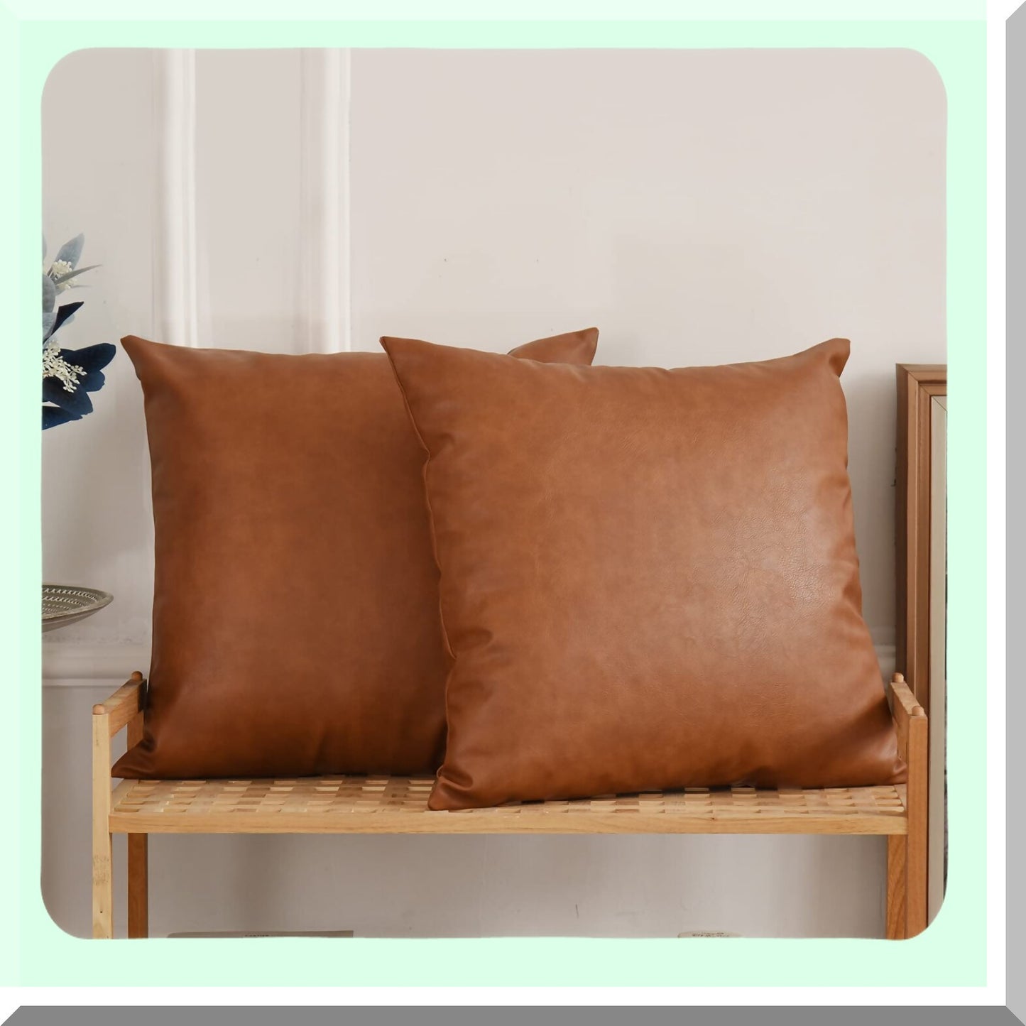 Luxury Cognac Brown Leather Pillowcase Set - Modern Square Cushion Covers for Bedroom & Living Room - 18x18 Inch Decorative Sofa Pillows - Set of 2