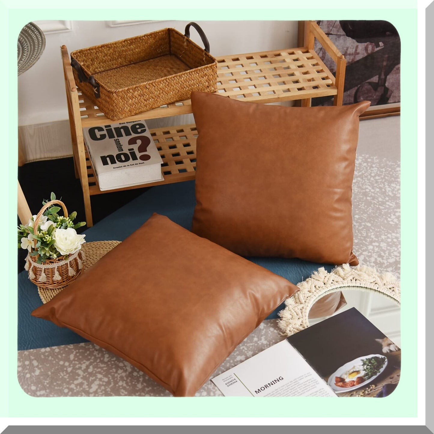 Luxury Cognac Brown Leather Pillowcase Set - Modern Square Cushion Covers for Bedroom & Living Room - 18x18 Inch Decorative Sofa Pillows - Set of 2