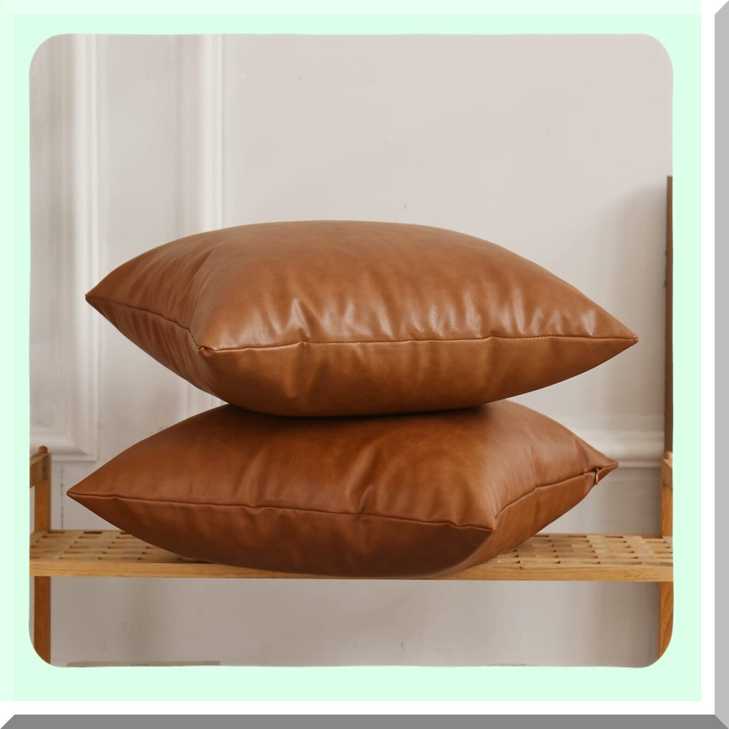 Luxury Cognac Brown Leather Pillowcase Set - Modern Square Cushion Covers for Bedroom & Living Room - 18x18 Inch Decorative Sofa Pillows - Set of 2