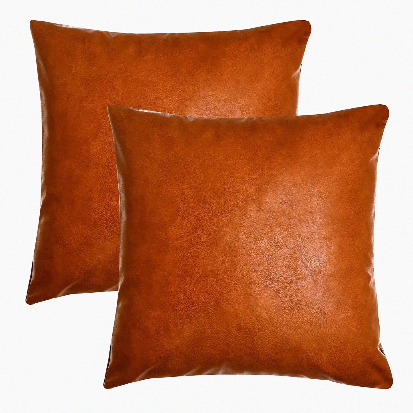 Luxury Cognac Brown Leather Pillowcase Set - Modern Square Cushion Covers for Bedroom & Living Room - 18x18 Inch Decorative Sofa Pillows - Set of 2