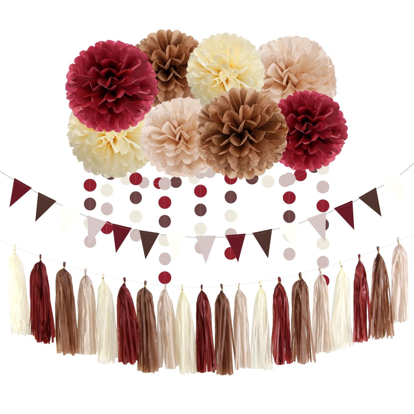 Rustic Boho Fall Party Pack - 30pcs Burgundy Champagne-Gold Decor Set for Wedding, Baby Shower, Bridal Shower, Engagement, Birthday - Pom-Poms, Streamers, Garland, Banner