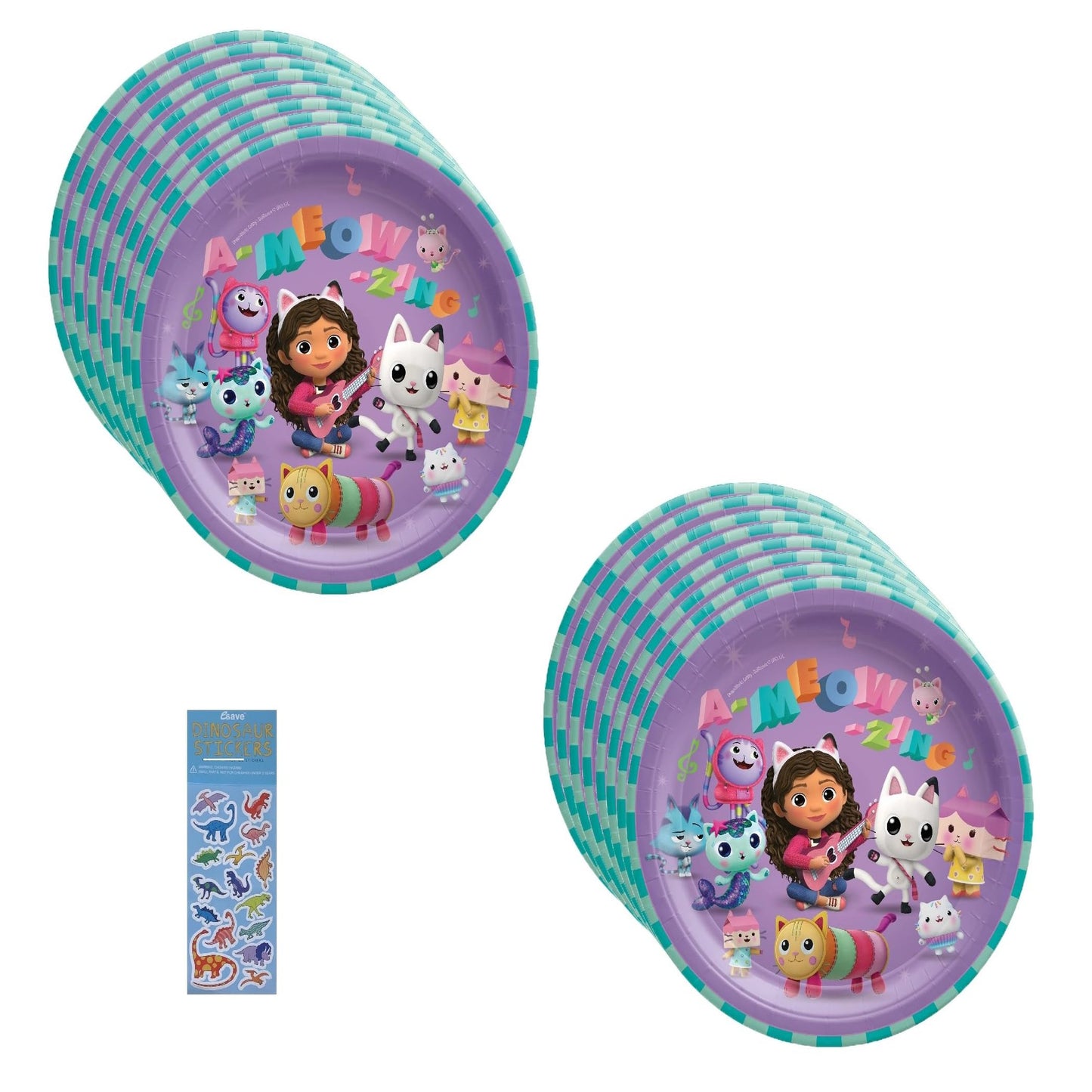Dino Party Pack - 16 Lunch Plates & Sticker Sheet - Gabbys Dollhouse Birthday Supplies - Fun & Colorful Decorations for Kids Celebration