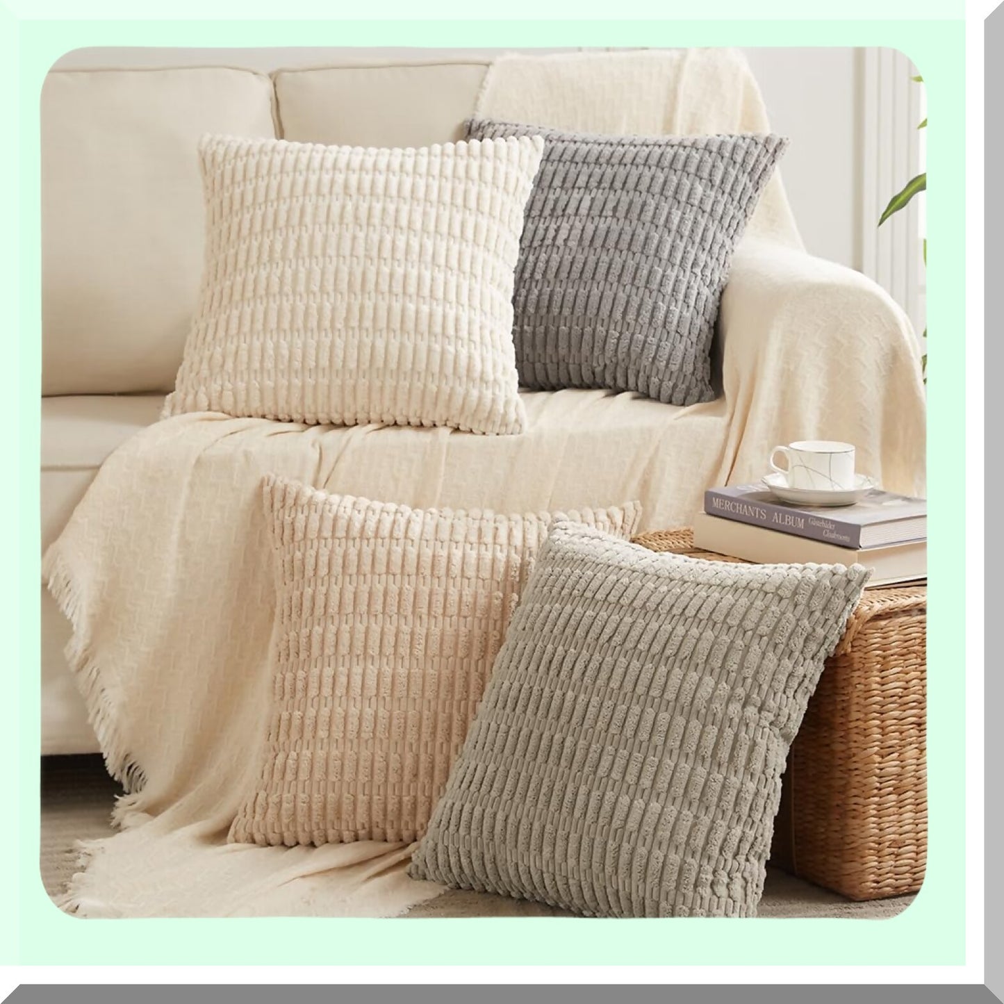 Rustic Farmhouse Striped Corduroy Pillow Covers - Set of 4 | Soft Plush Boho Cushion Cases for Living Room Couch Bed Sofa | Neutral Decor Home Decor 18x18 Inch 45x45 cm