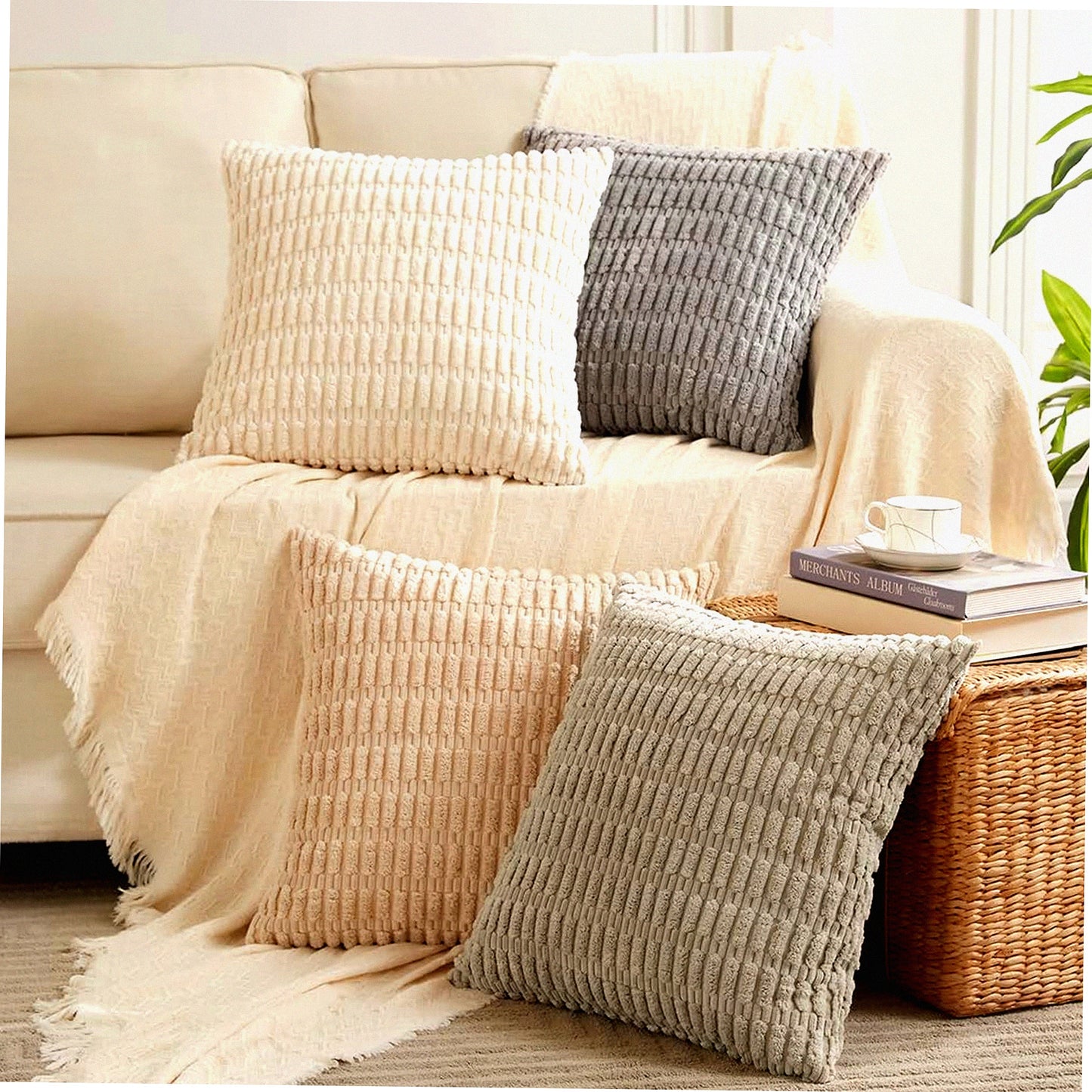 Rustic Farmhouse Striped Corduroy Pillow Covers - Set of 4 | Soft Plush Boho Cushion Cases for Living Room Couch Bed Sofa | Neutral Decor Home Decor 18x18 Inch 45x45 cm