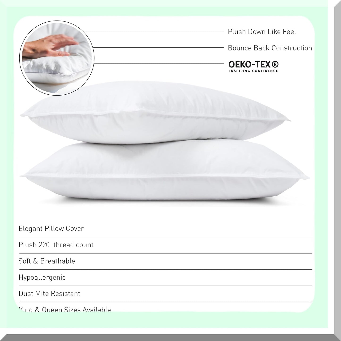 CoolLux Queen Size Cooling Pillows - Pack of 2 White Luxury Pillows for Back and Side Sleepers with 100% Cotton Pillow Cover