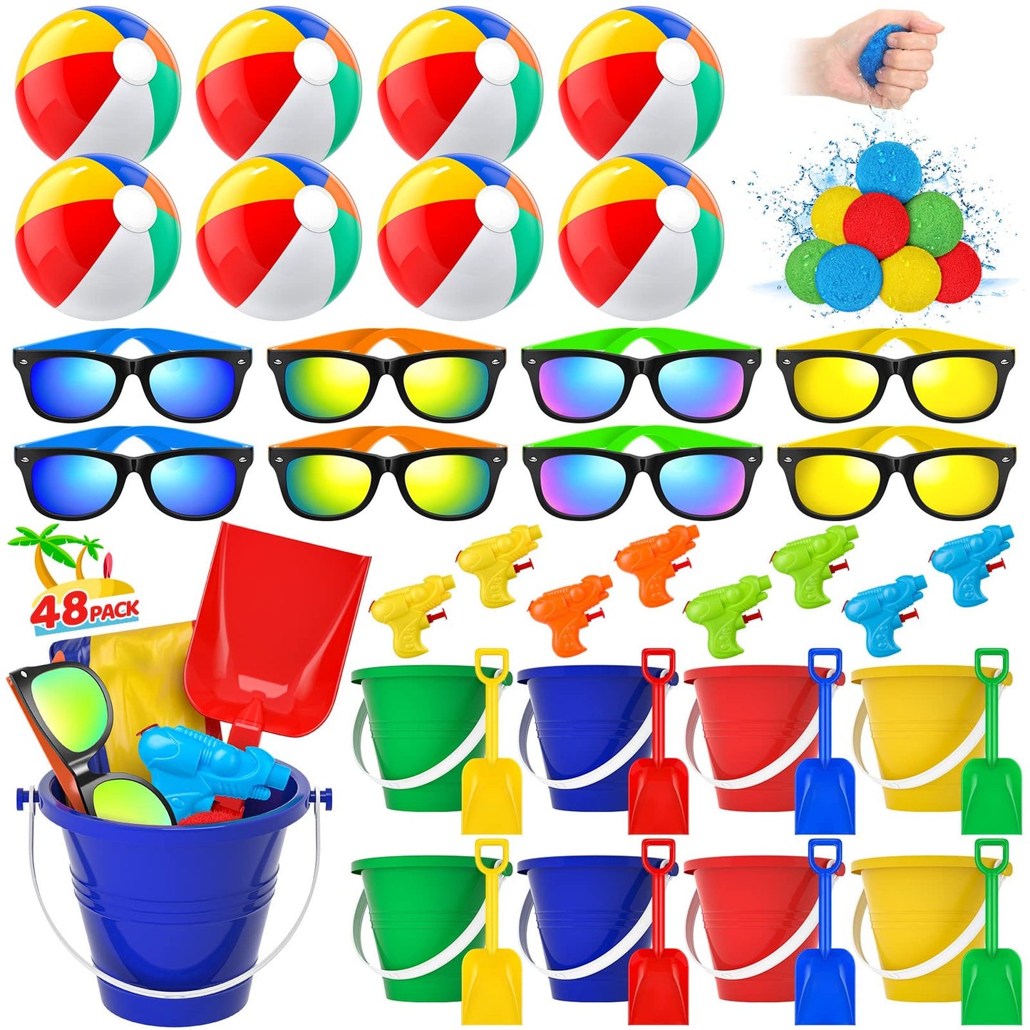 Summer Fun Pack - 48 Piece Pool & Beach Toy Set for Kids Ages 3-8: Beach Balls, Sand Bucket, Shovels, Sunglasses, Party Supplies & More!