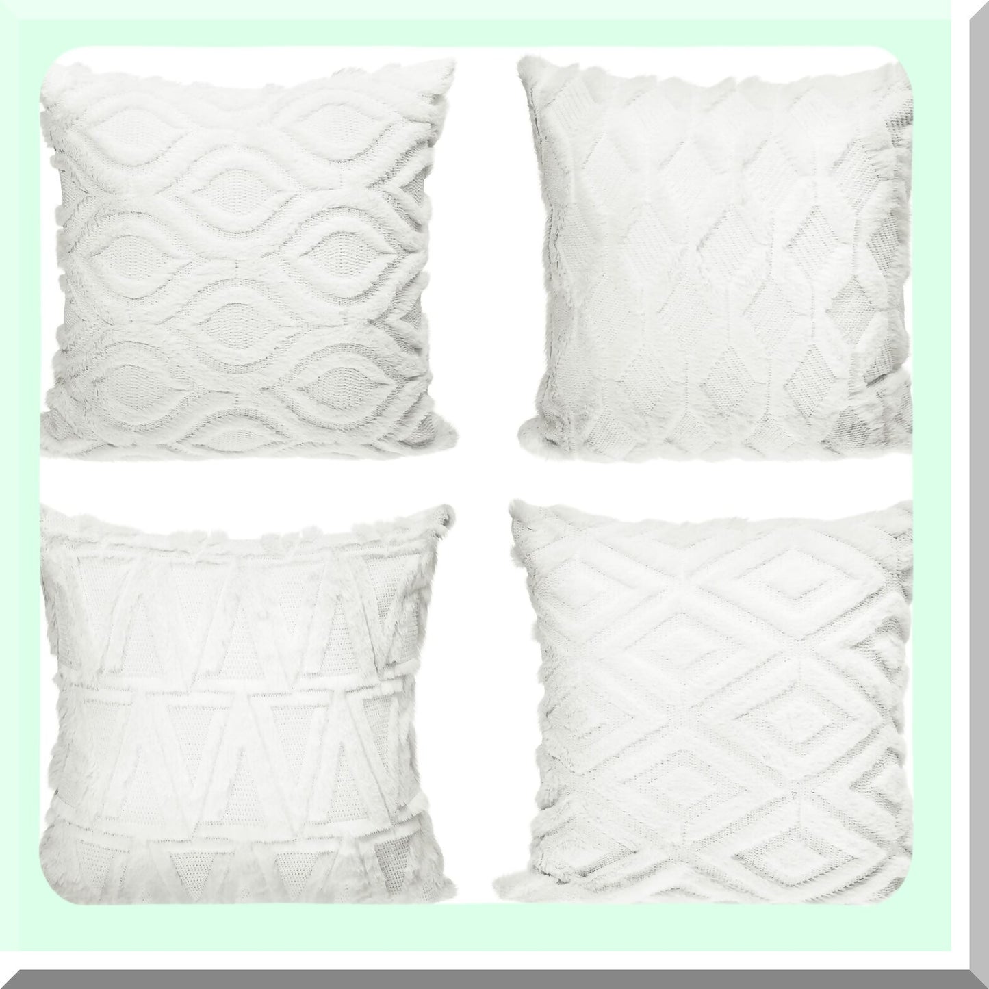 Boho Wool Velvet Pillow Covers - Set of 4 Soft Plush Square Cushion Cases for Couch, Bed, Sofa, Bedroom - 18 x 18 Inch Cream White Decor