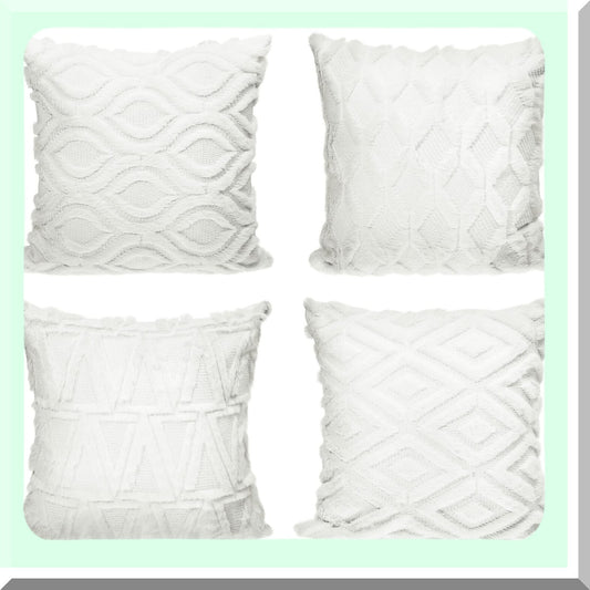 Boho Wool Velvet Pillow Covers - Set of 4 Soft Plush Square Cushion Cases for Couch, Bed, Sofa, Bedroom - 18 x 18 Inch Cream White Decor